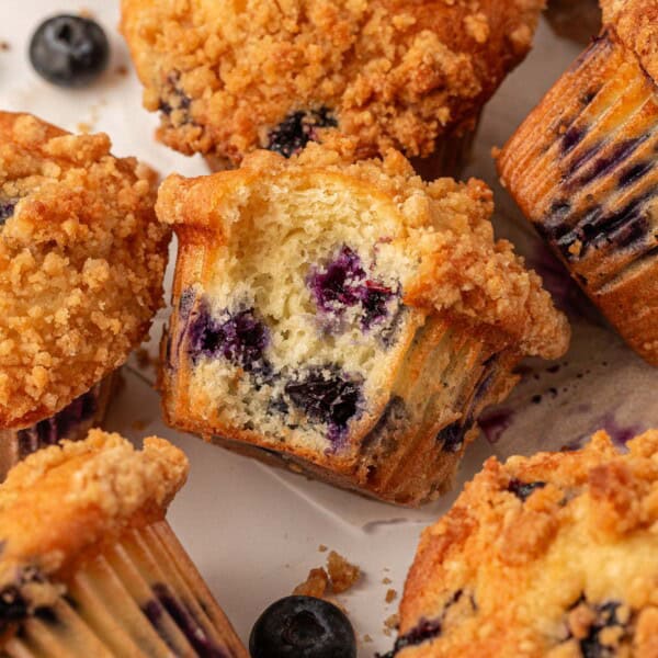 cake mix blueberry muffin with a bite taken out