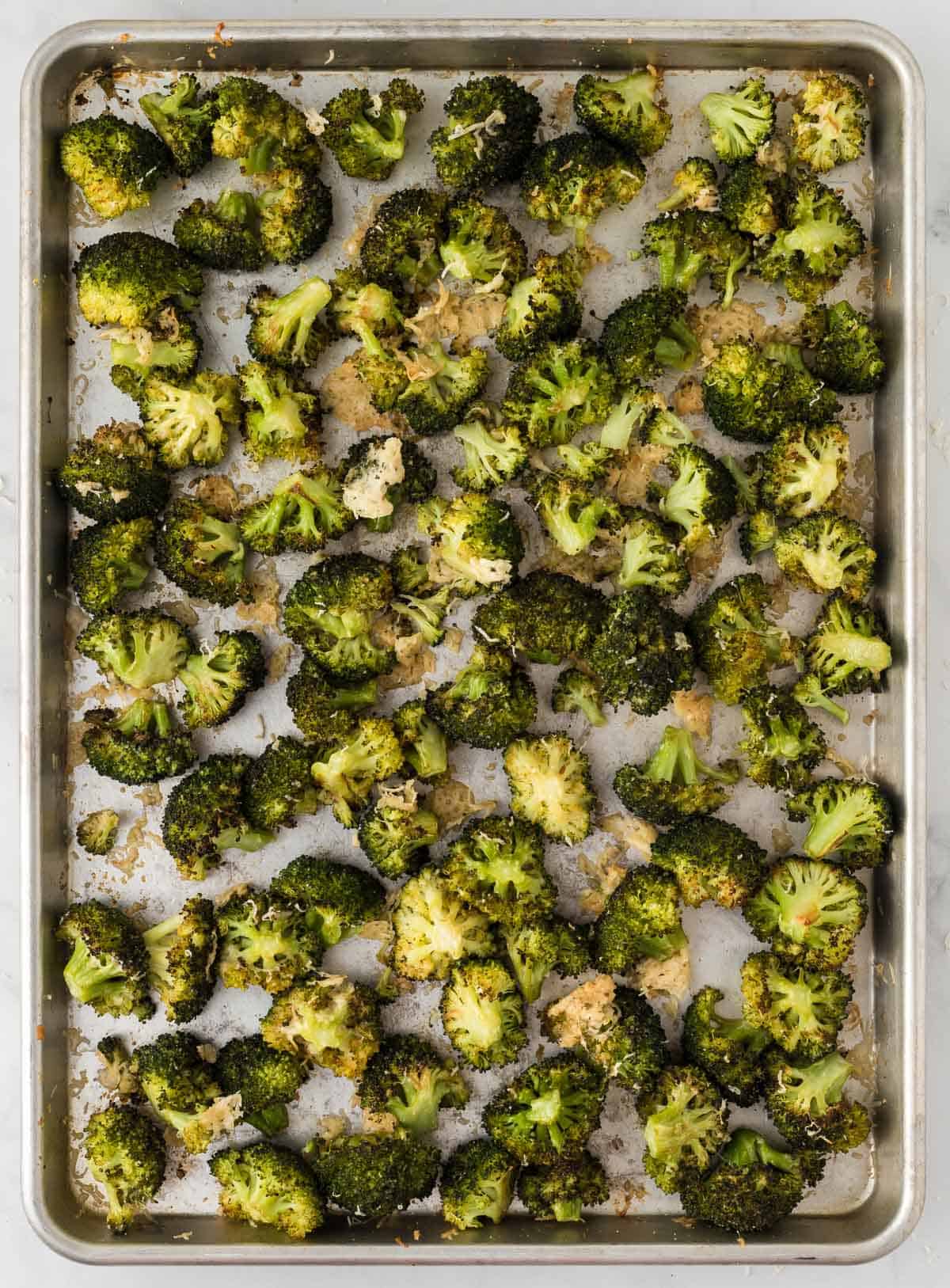 roasted broccoli on a baking sheet