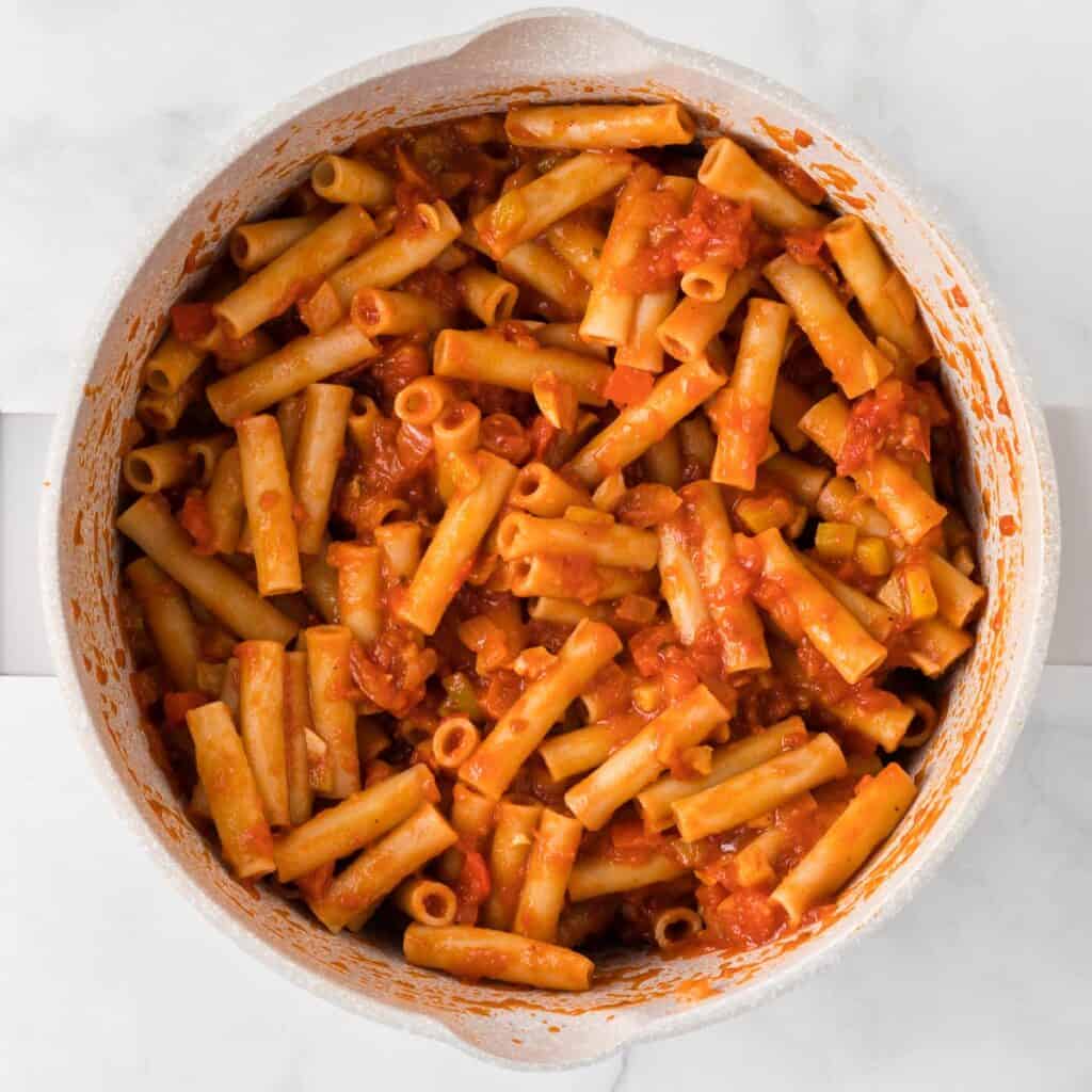 ziti mixed together with the sauce and vegetables