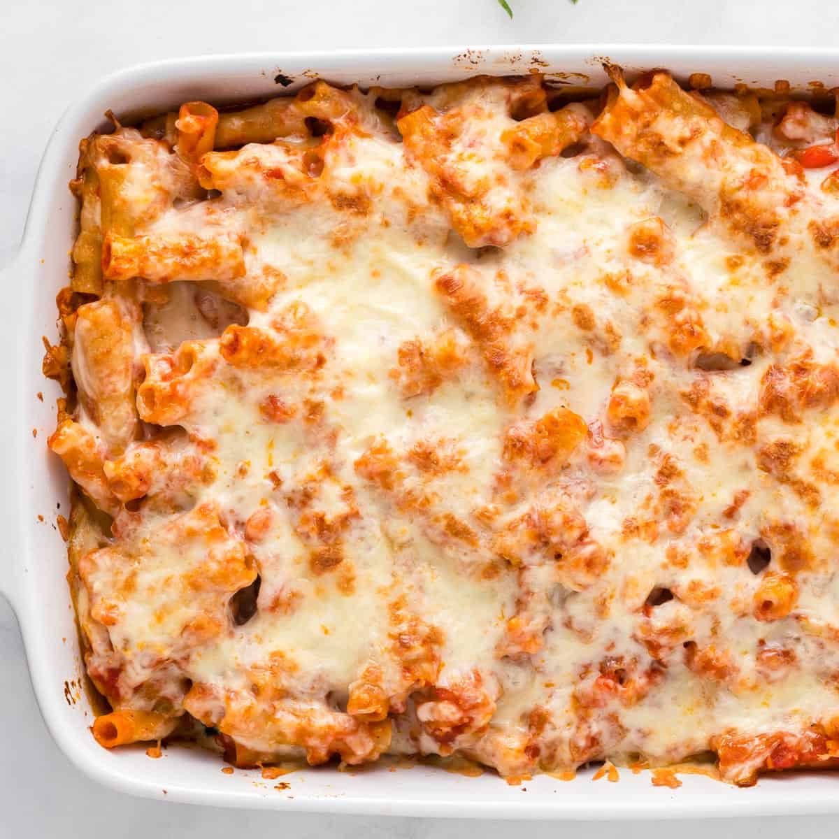 vegetarian baked ziti in a casserole dish