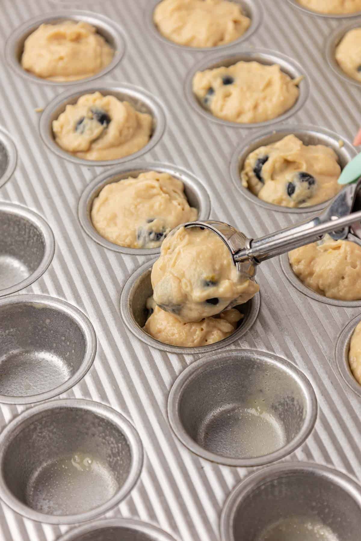 scooping batter into a mini muffin tin