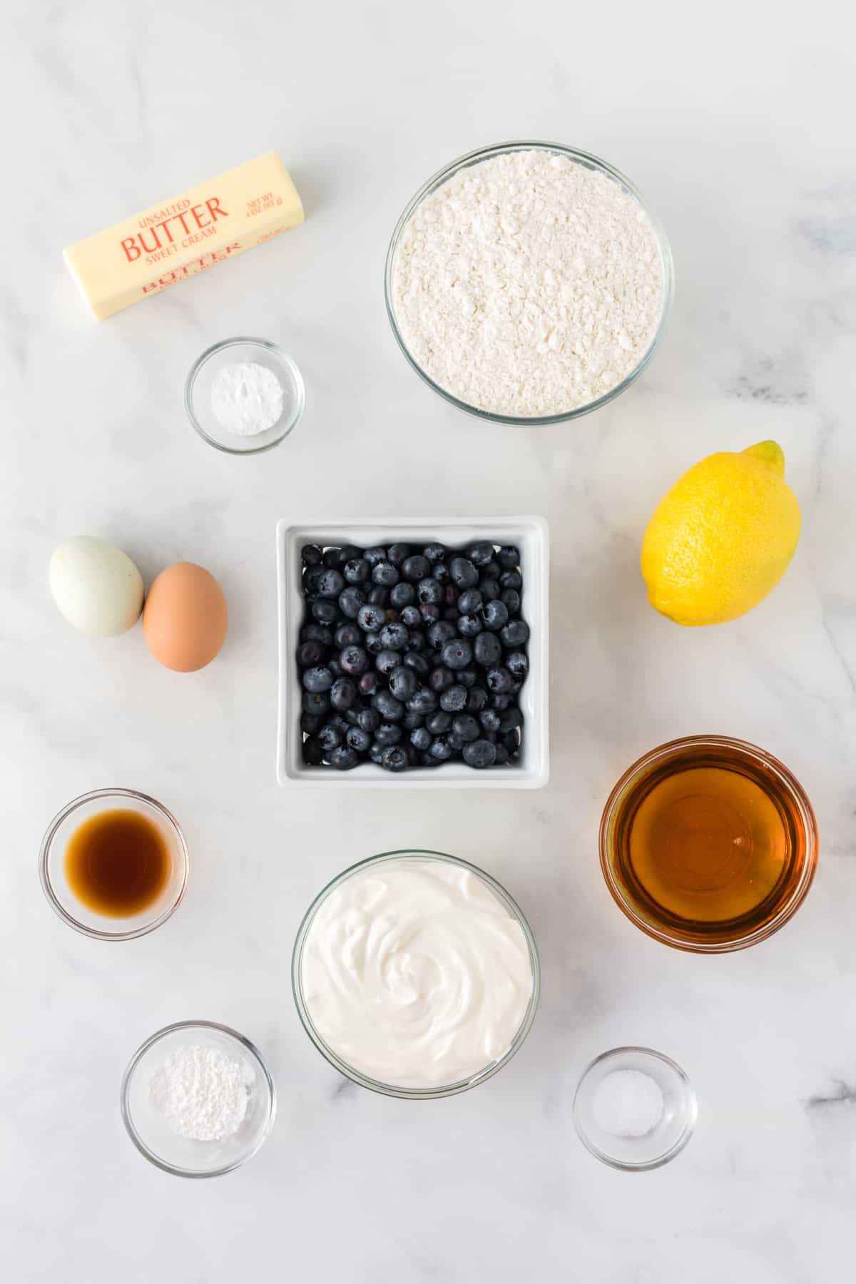 ingredients needed to make mini blueberry muffins