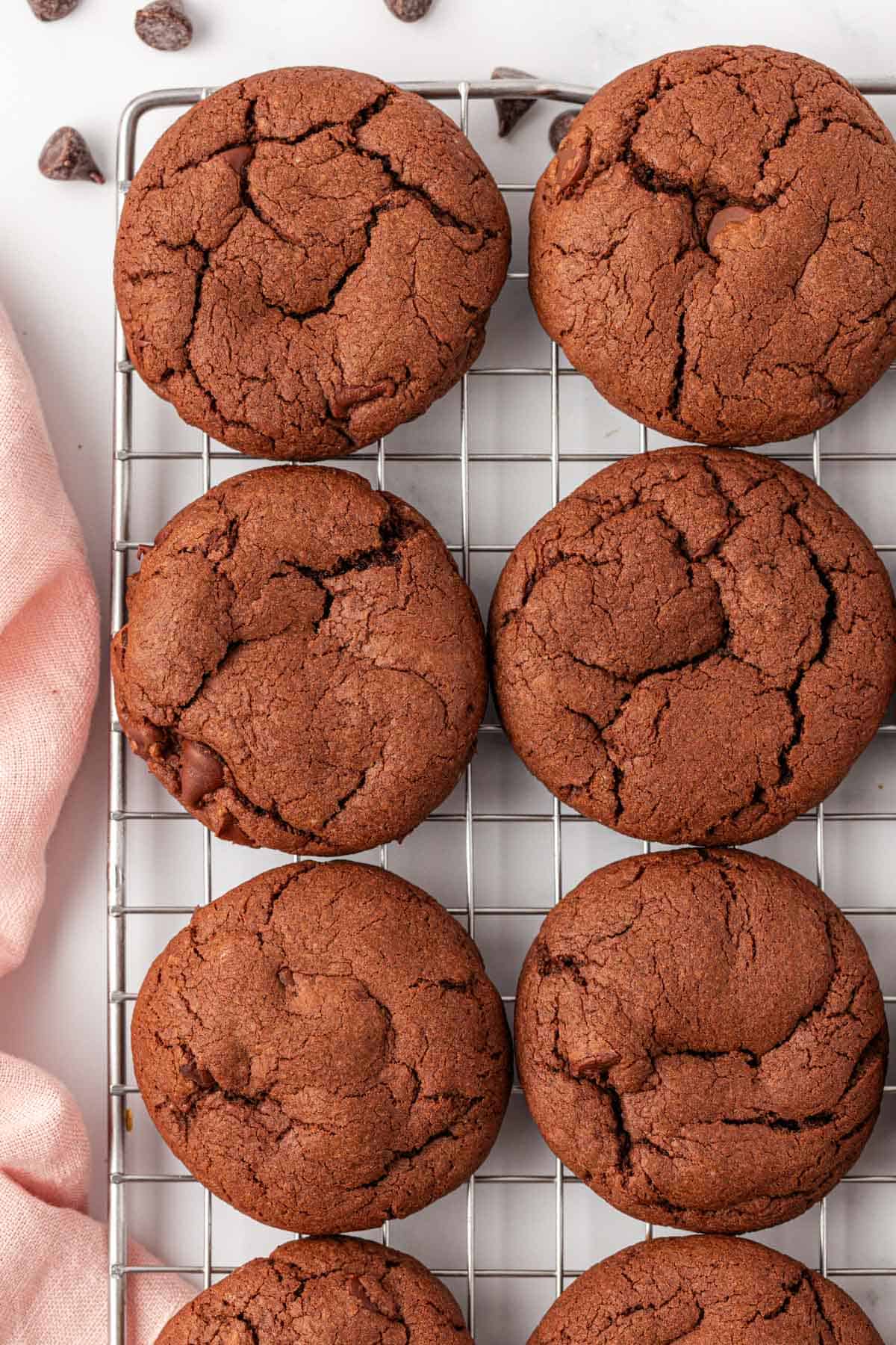 chocolate cake mix cookies on a wire cooling rack
