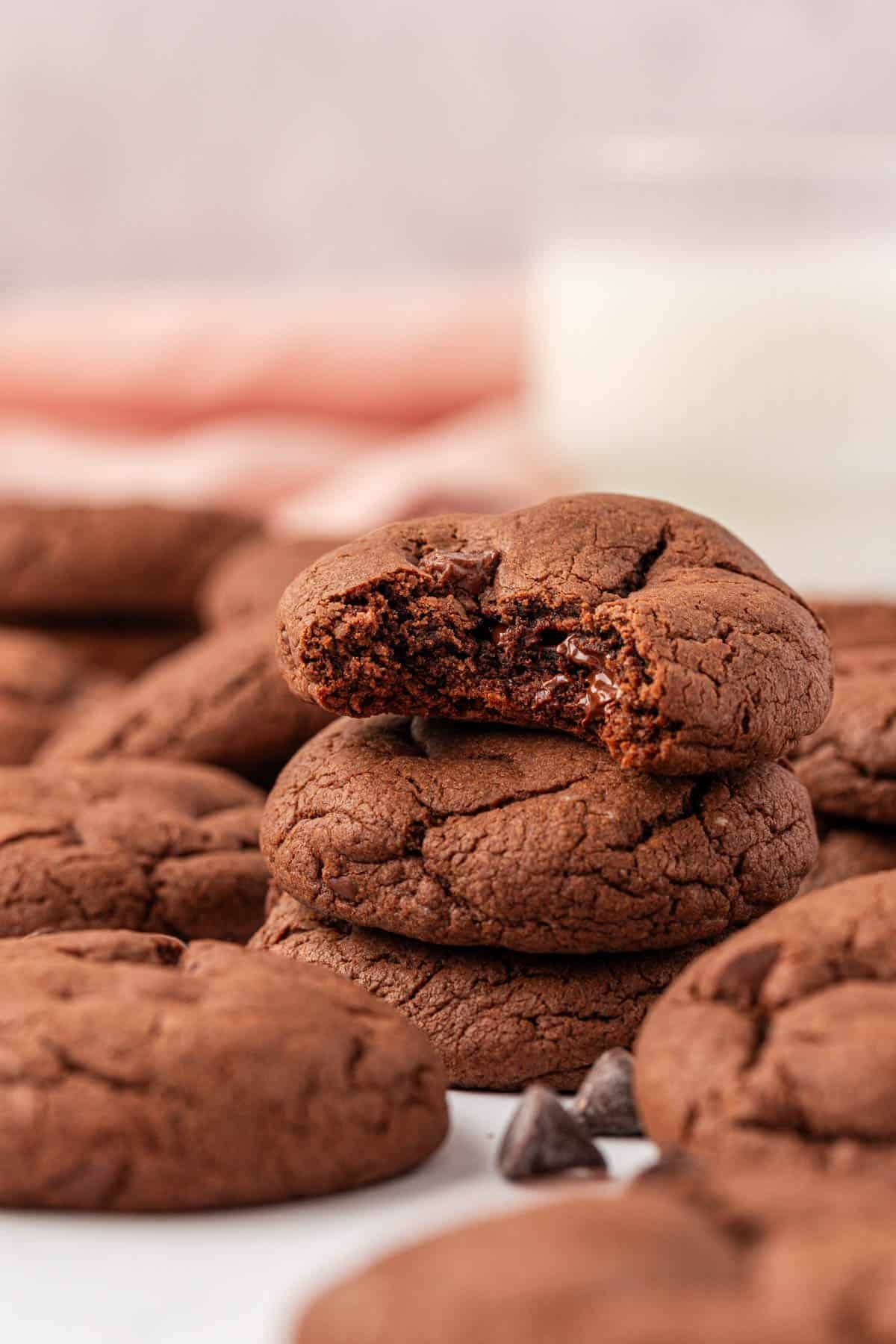 chocolate cake mix cookie with a bite taken out
