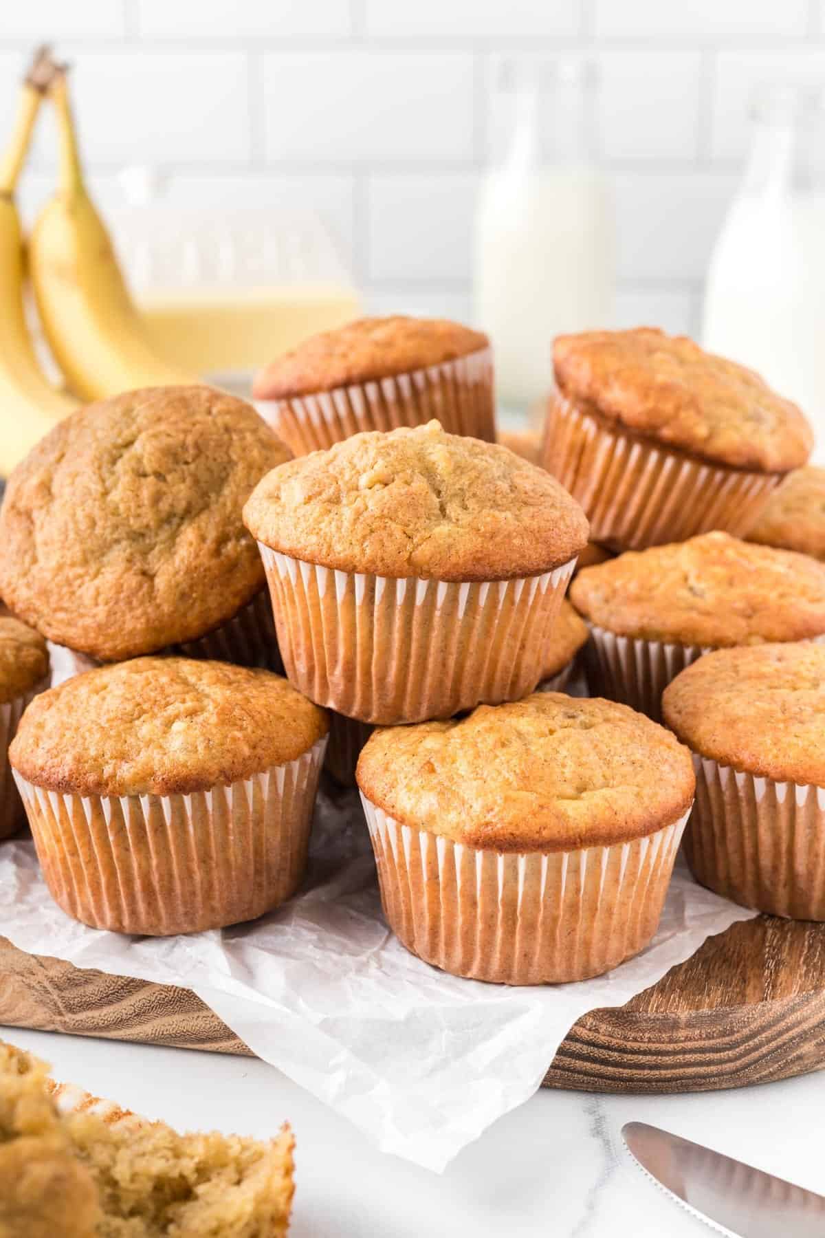banana muffins stacked on top of each other