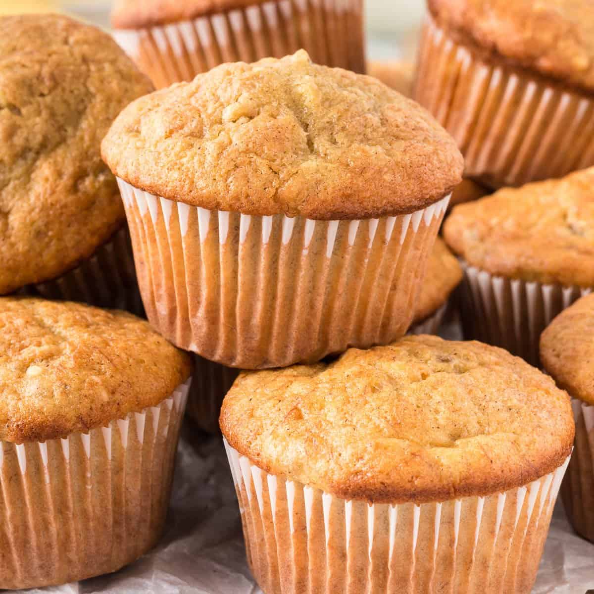 banana muffins stacked on top of each other