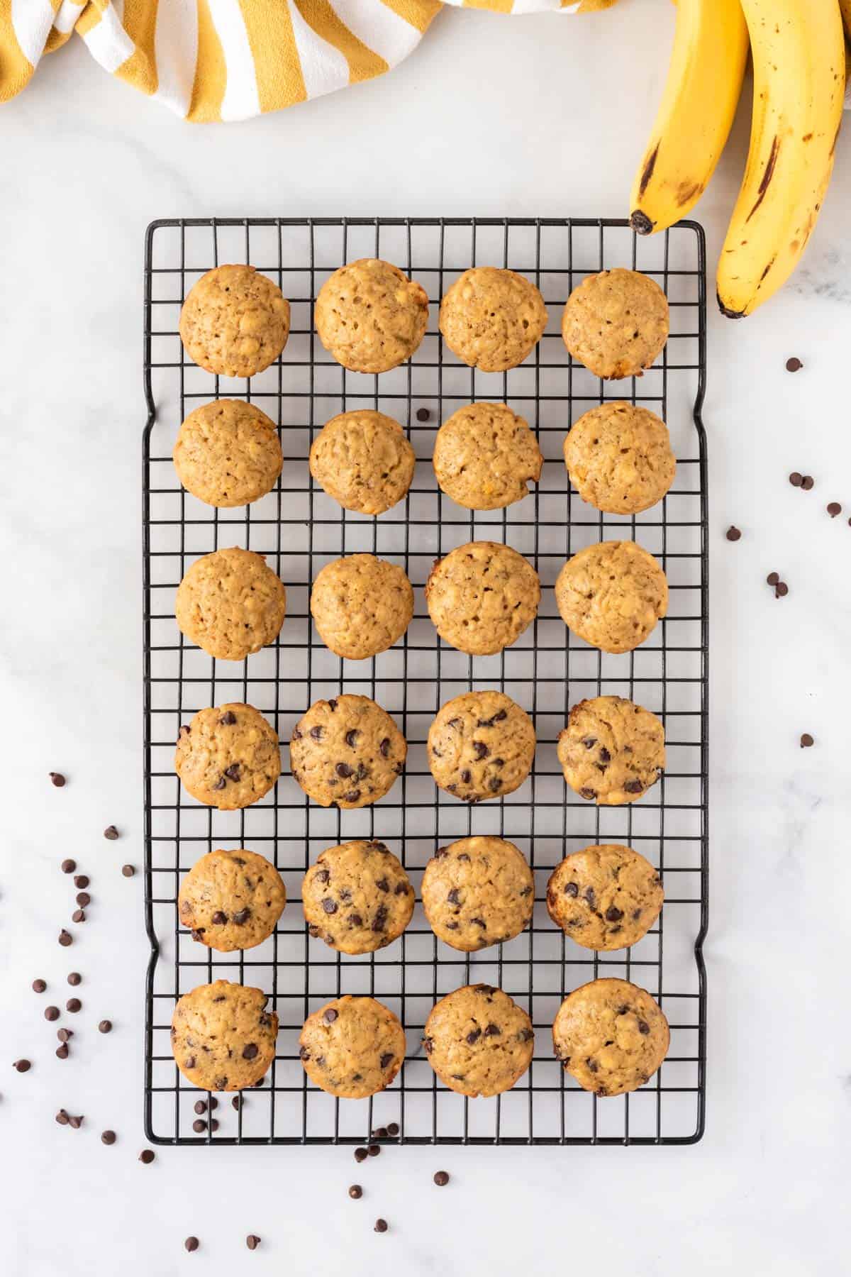 mini banana muffins on a wire cooling rack