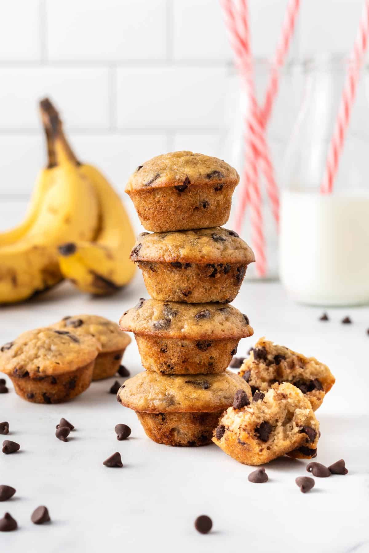 chocolate chip banana mini muffins stacked 