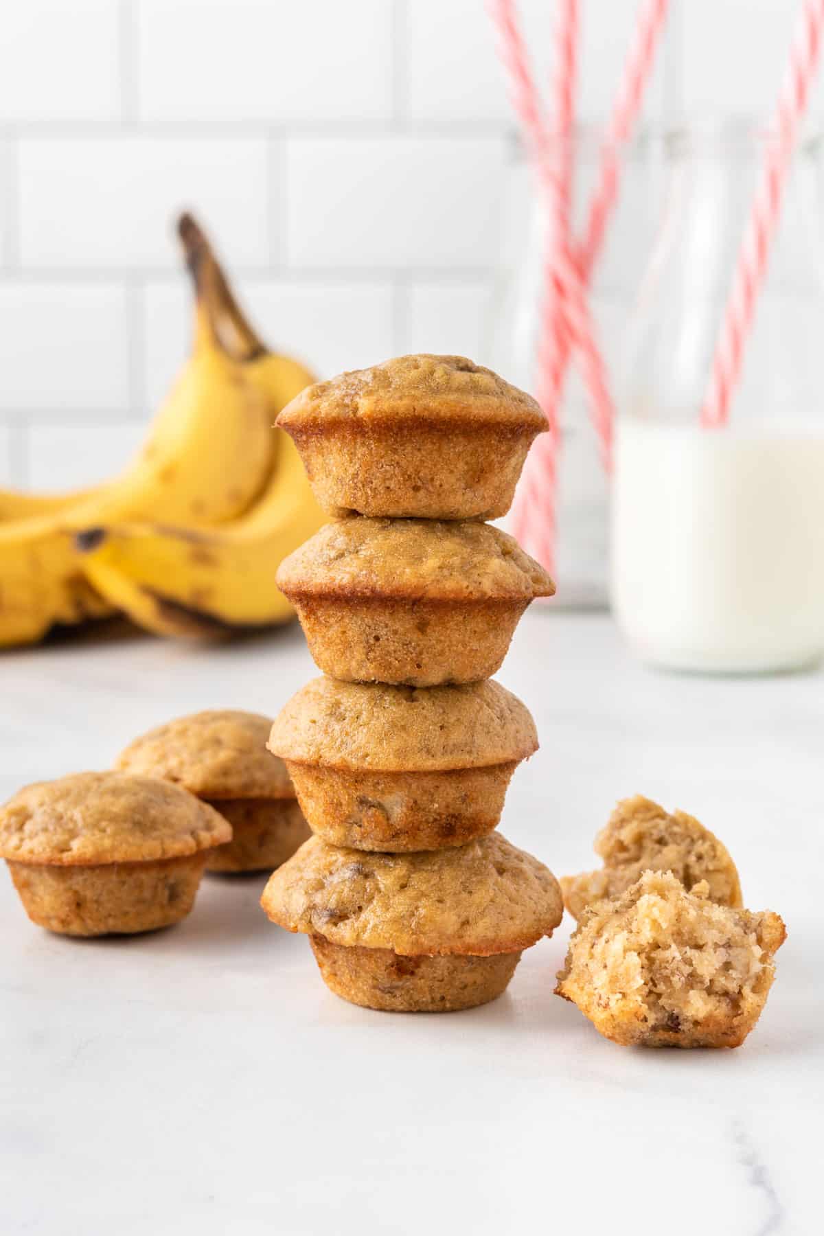mini banana muffins stacked
