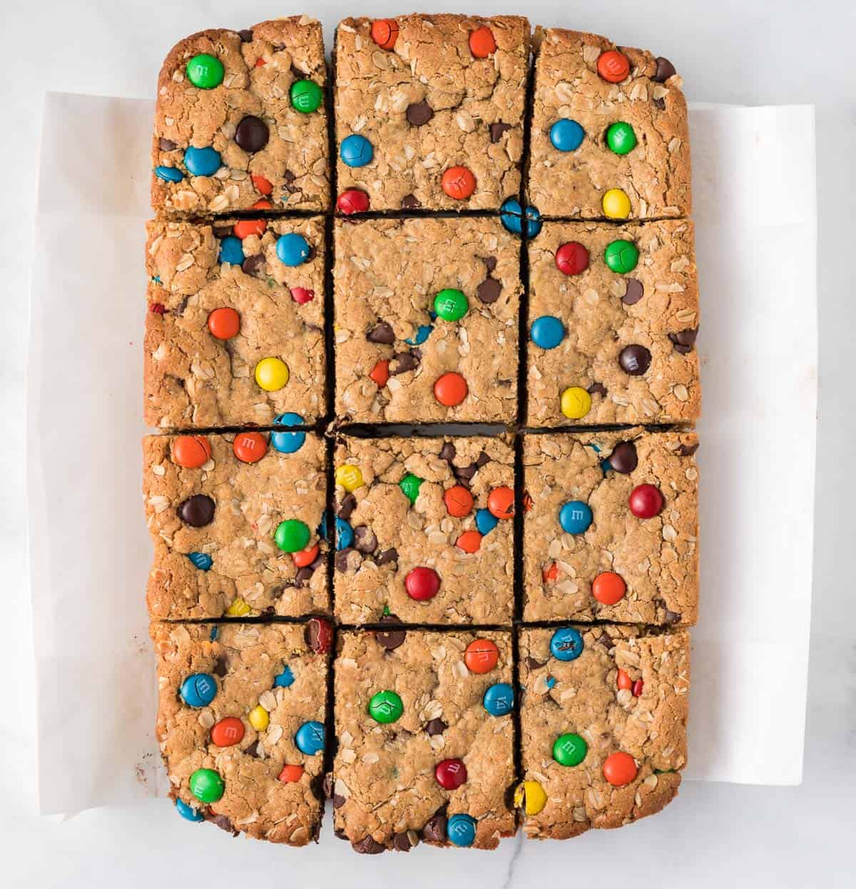 monster cookie bars cut into pieces