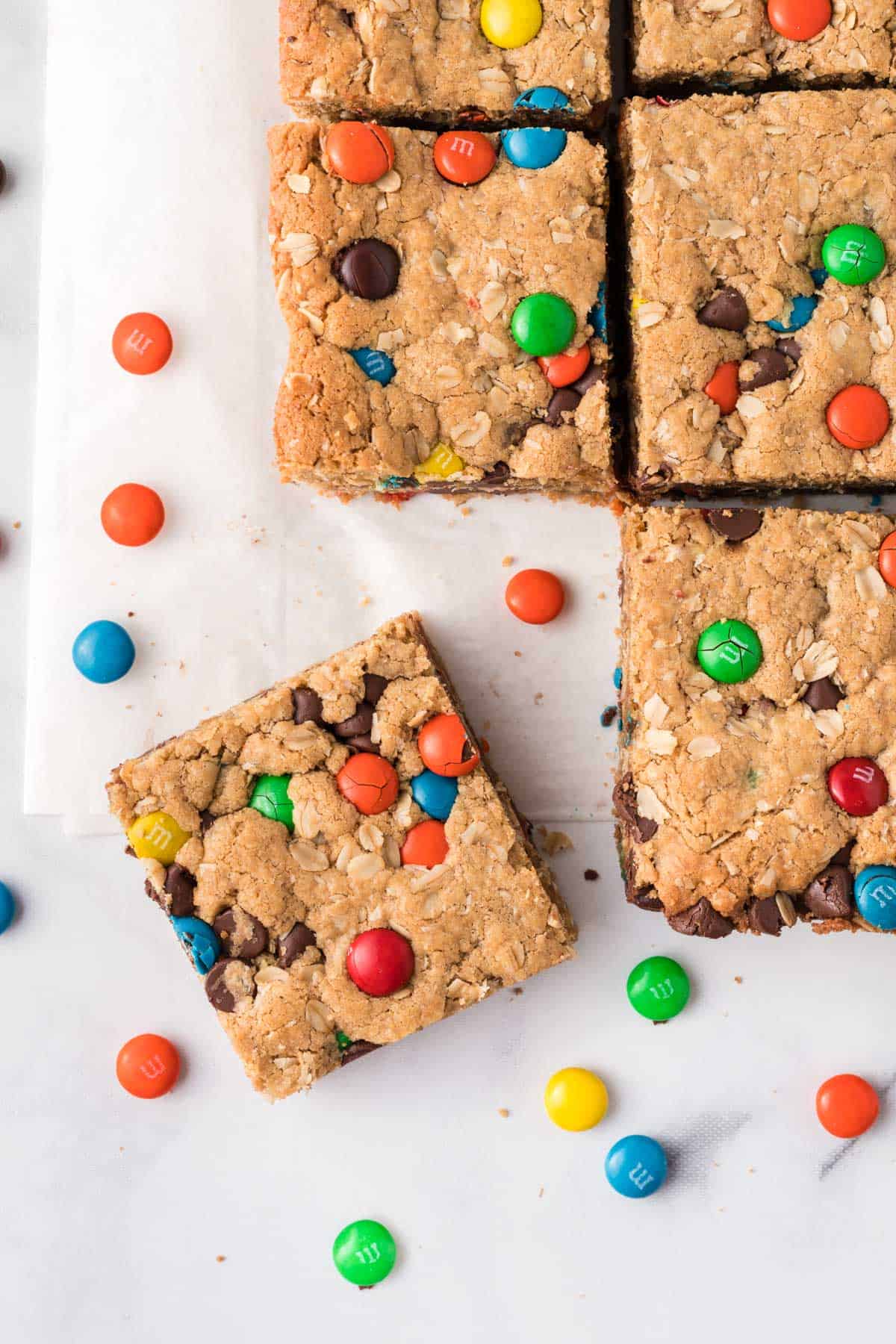 monster cookie bars cut into pieces
