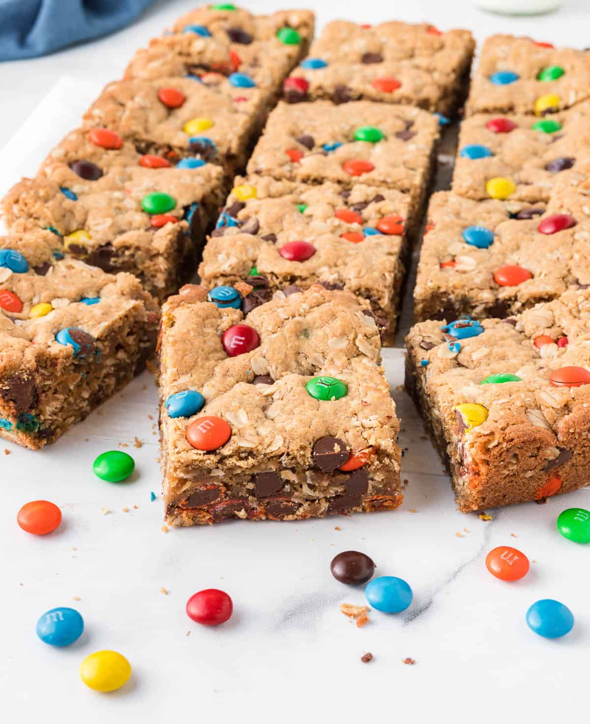 monster cookie bars cut into pieces