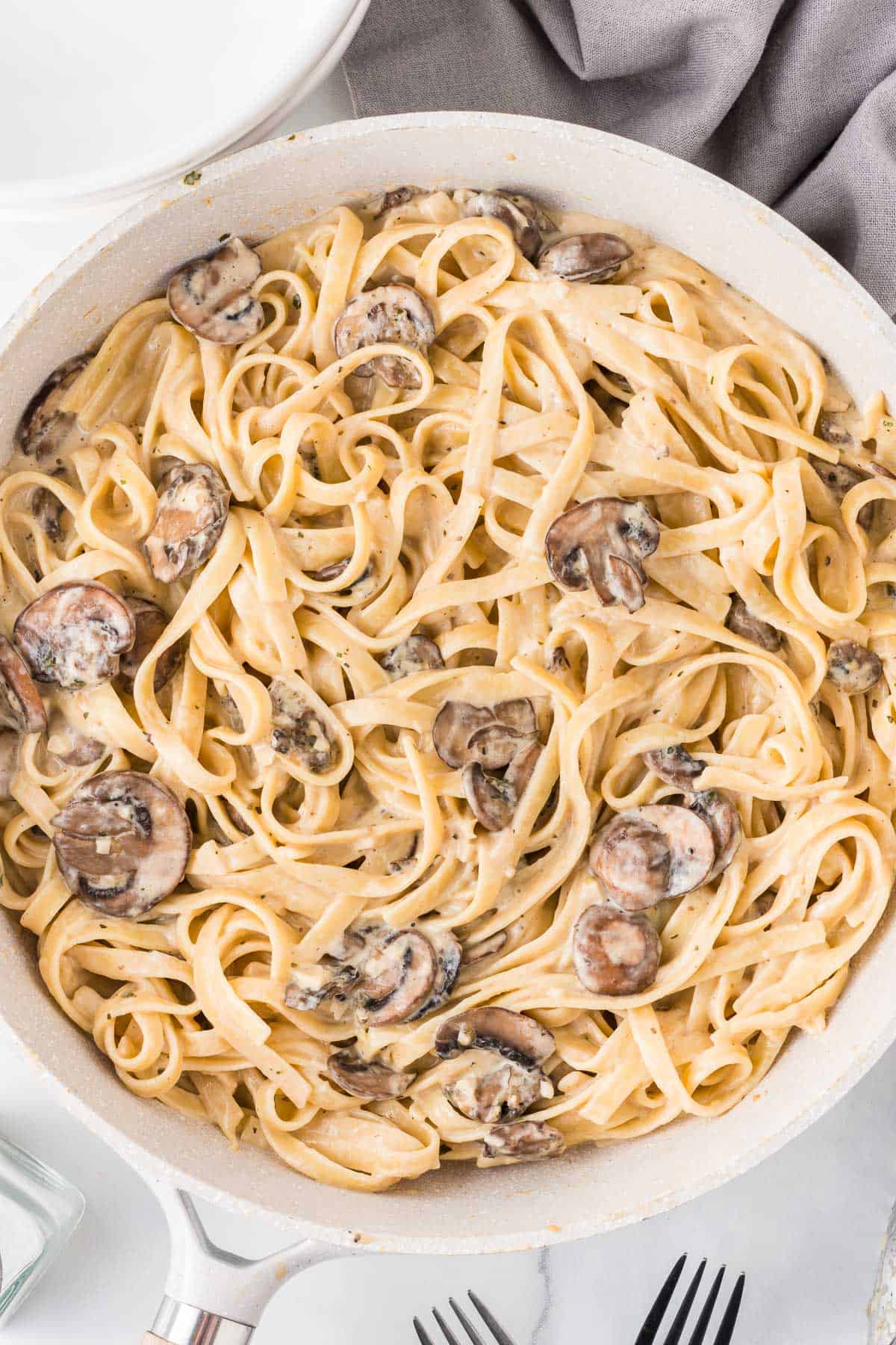 creamy mushroom pasta in a skillet