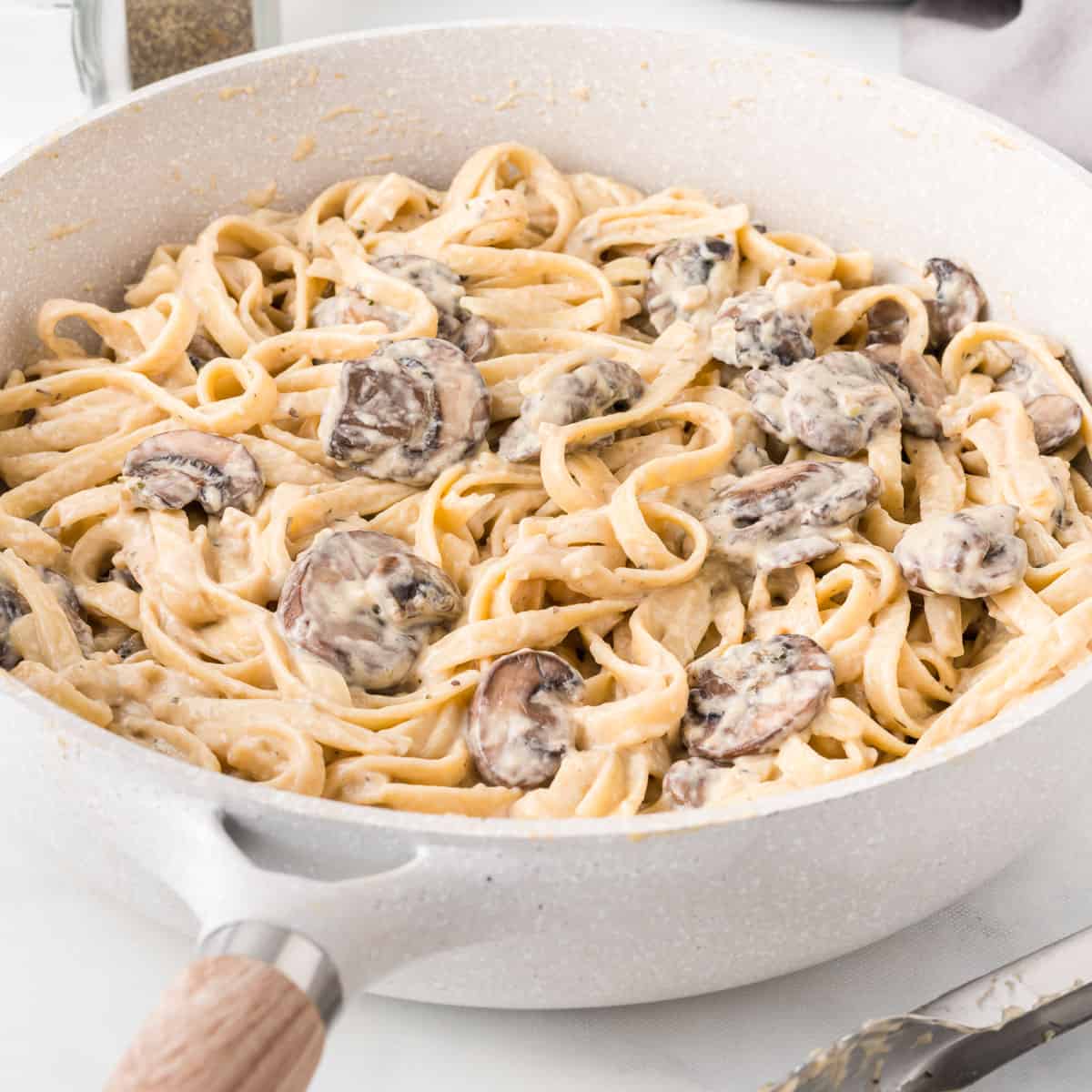 creamy mushroom pasta in a skillet