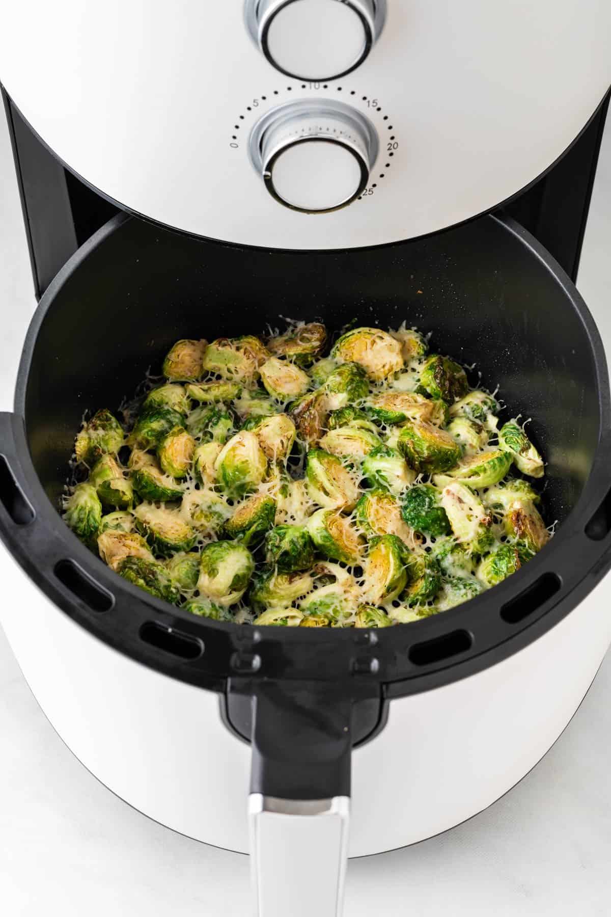 crispy brussels sprouts in the air fryer basket