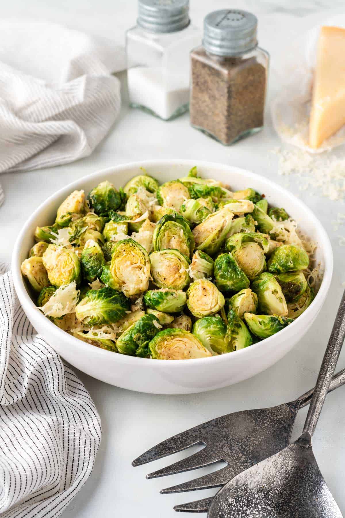 air fried brussels sprouts in a white bowl