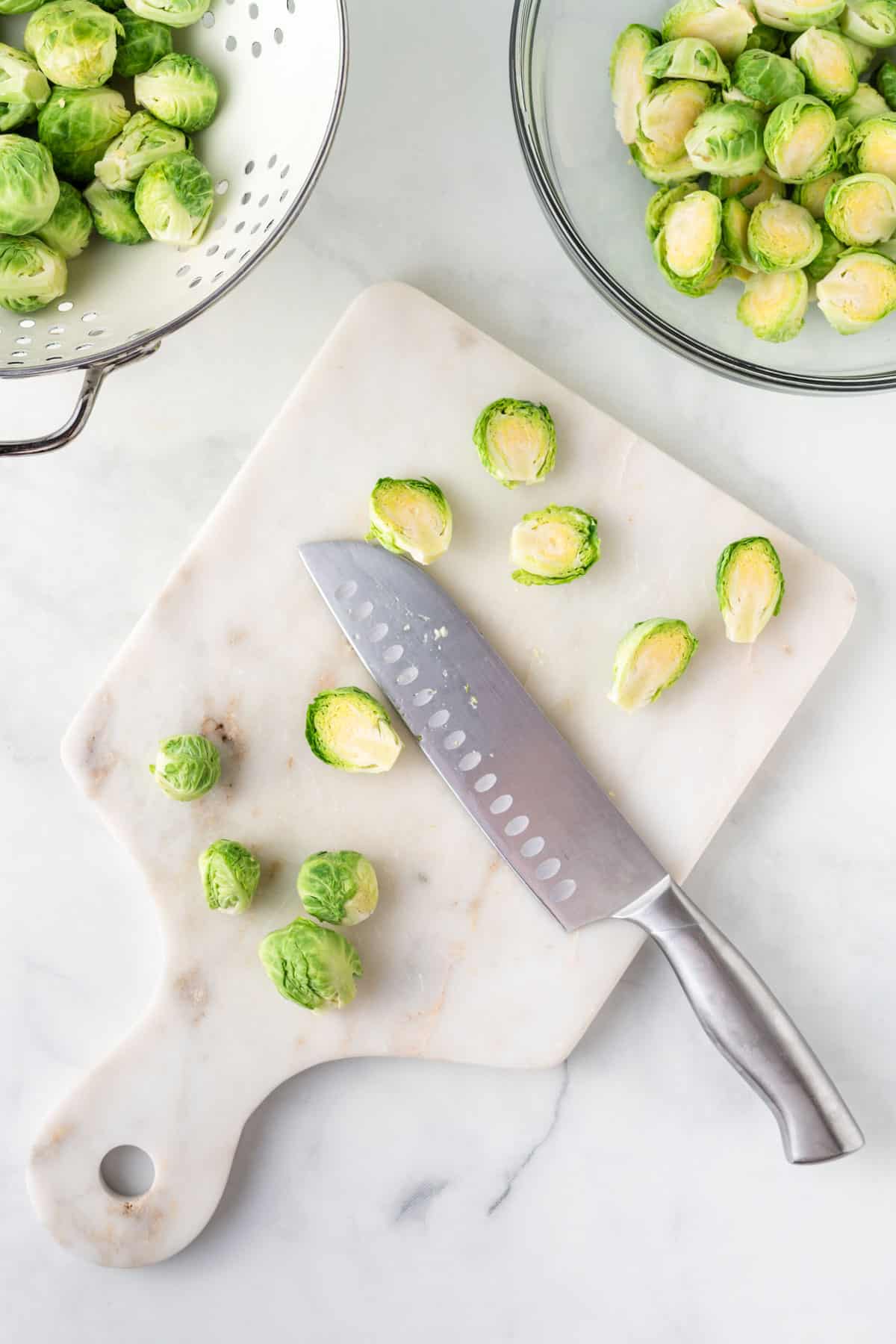 cutting brussels sprouts in half