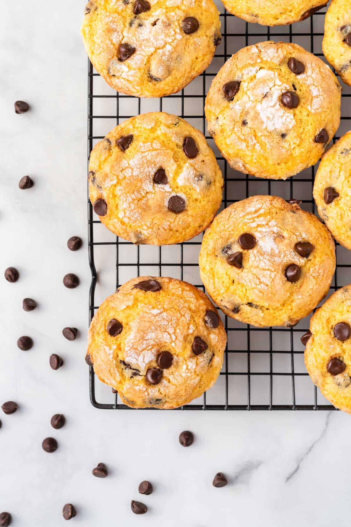 cake mix chocolate chip muffins on a wire cooling rack