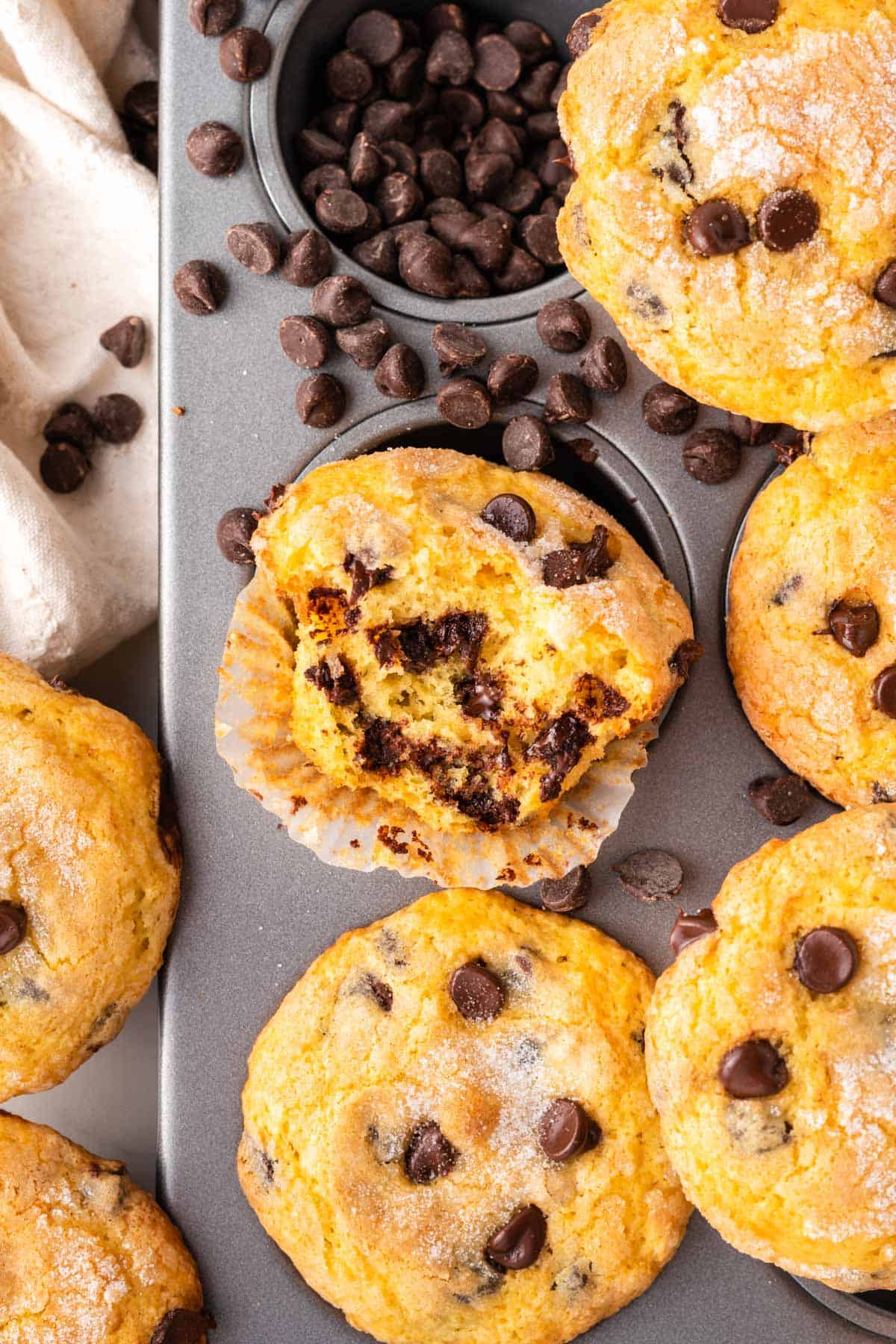 chocolate chip muffin with a bite taken out to show the inside