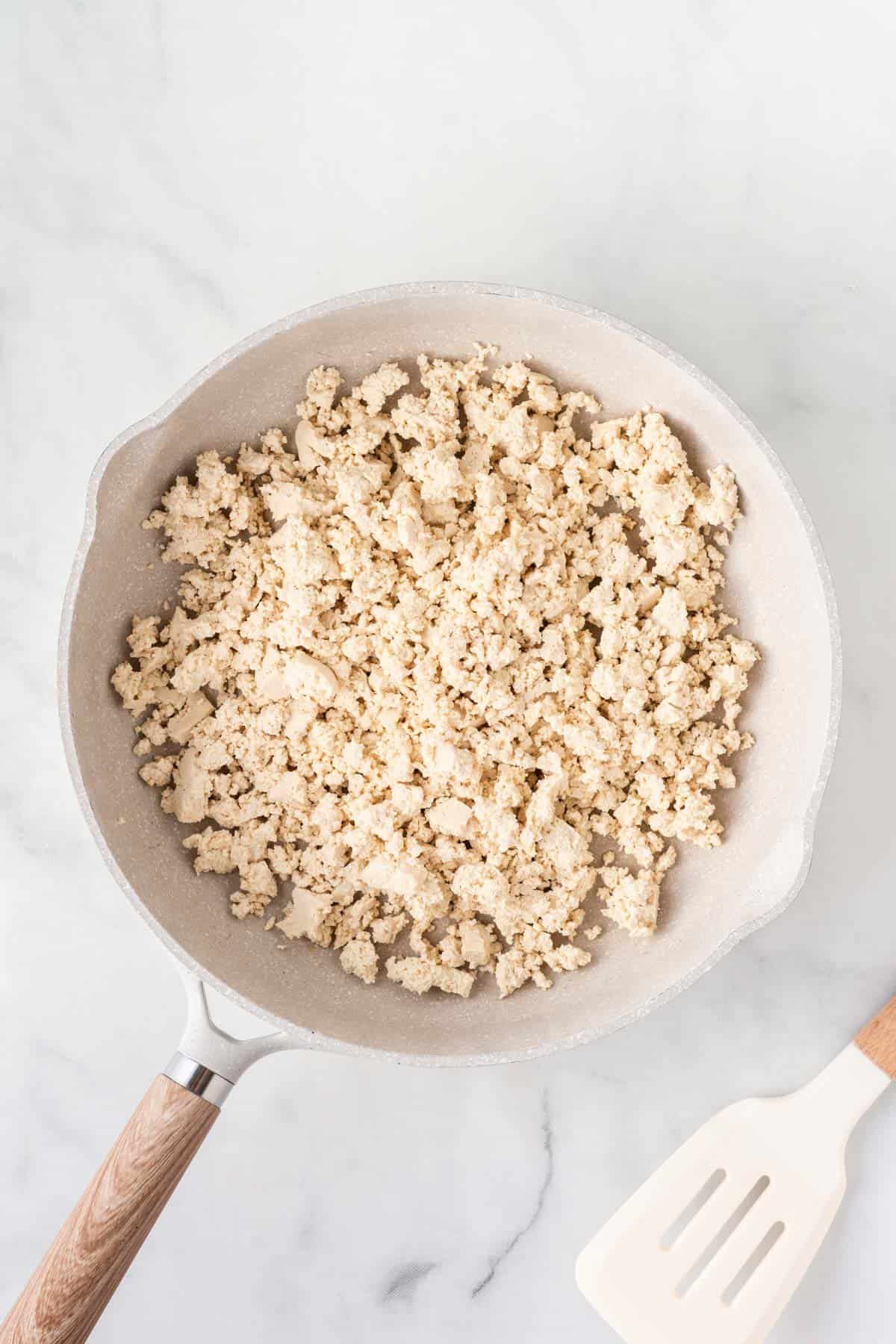 crumbled tofu in a skillet