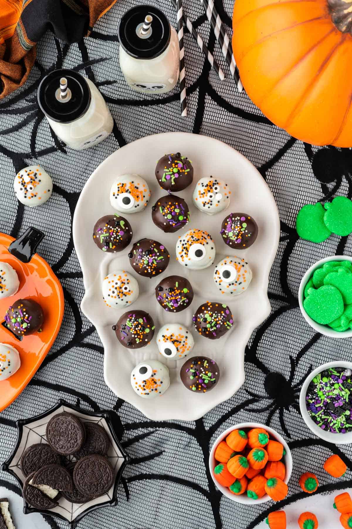 halloween oreo balls on a skull platter