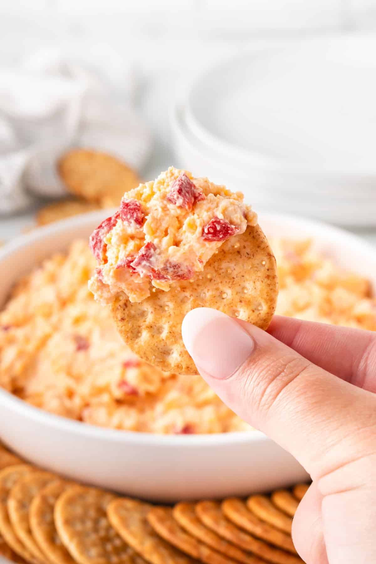 pimento cheese on a cracker