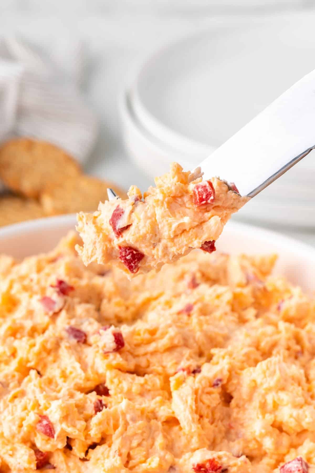 pimento cheese on a knife