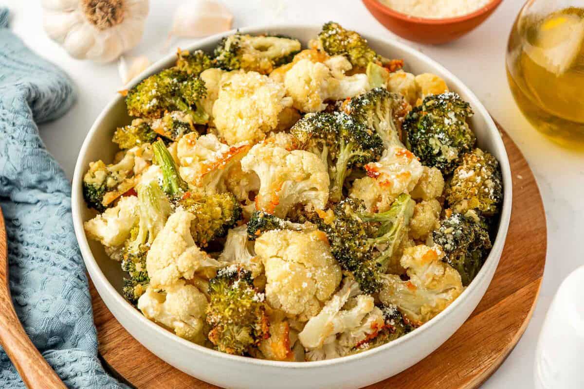 roasted broccoli and cauliflower in a bowl