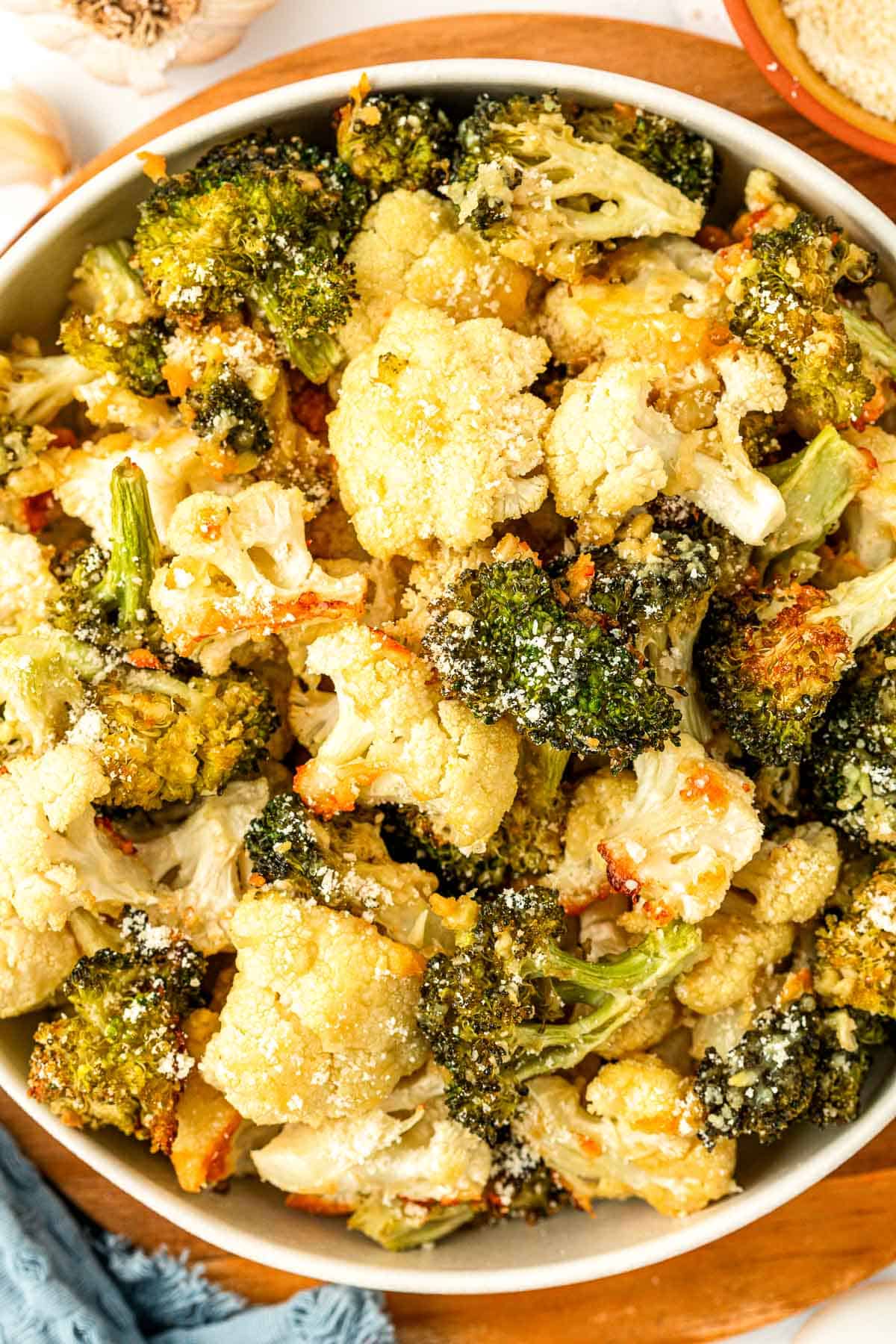 roasted broccoli and cauliflower in a bowl
