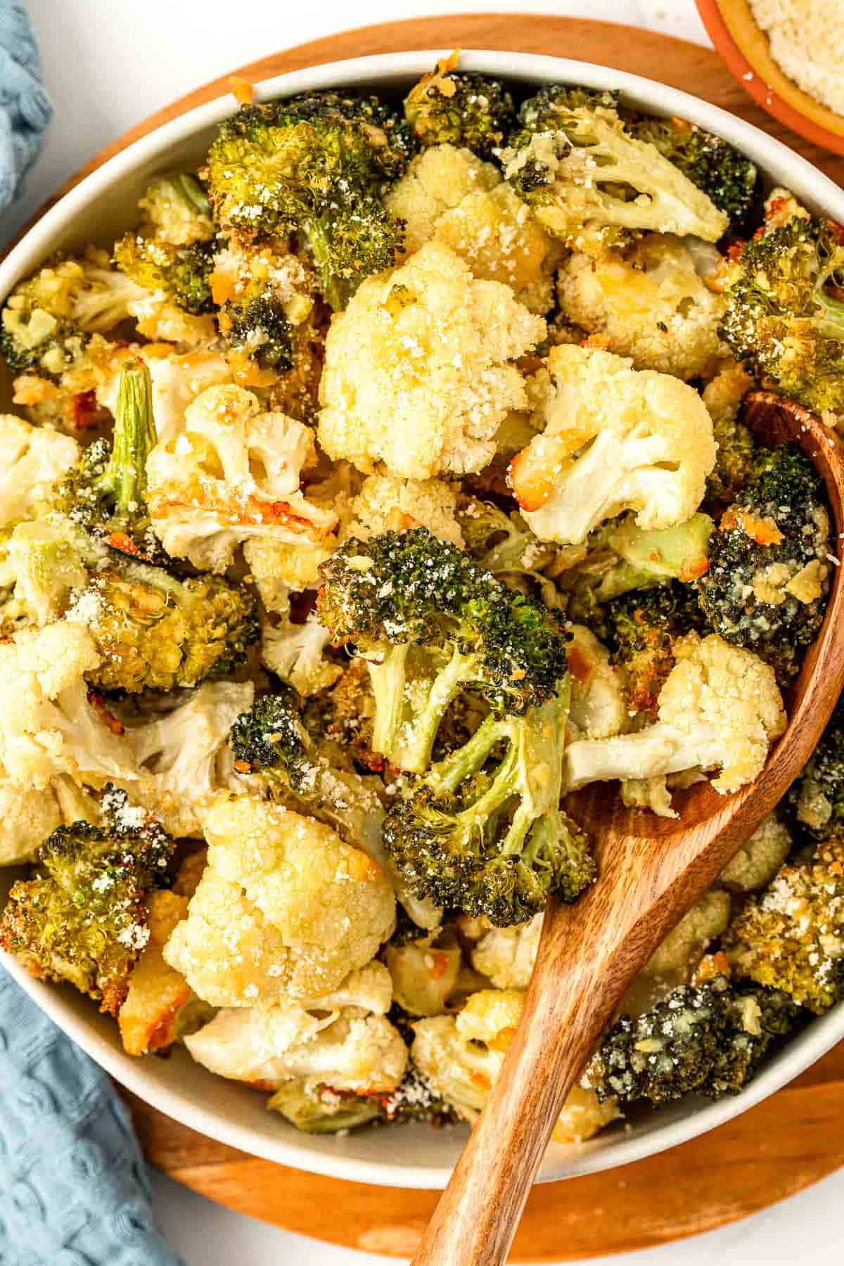roasted broccoli and cauliflower in a bowl