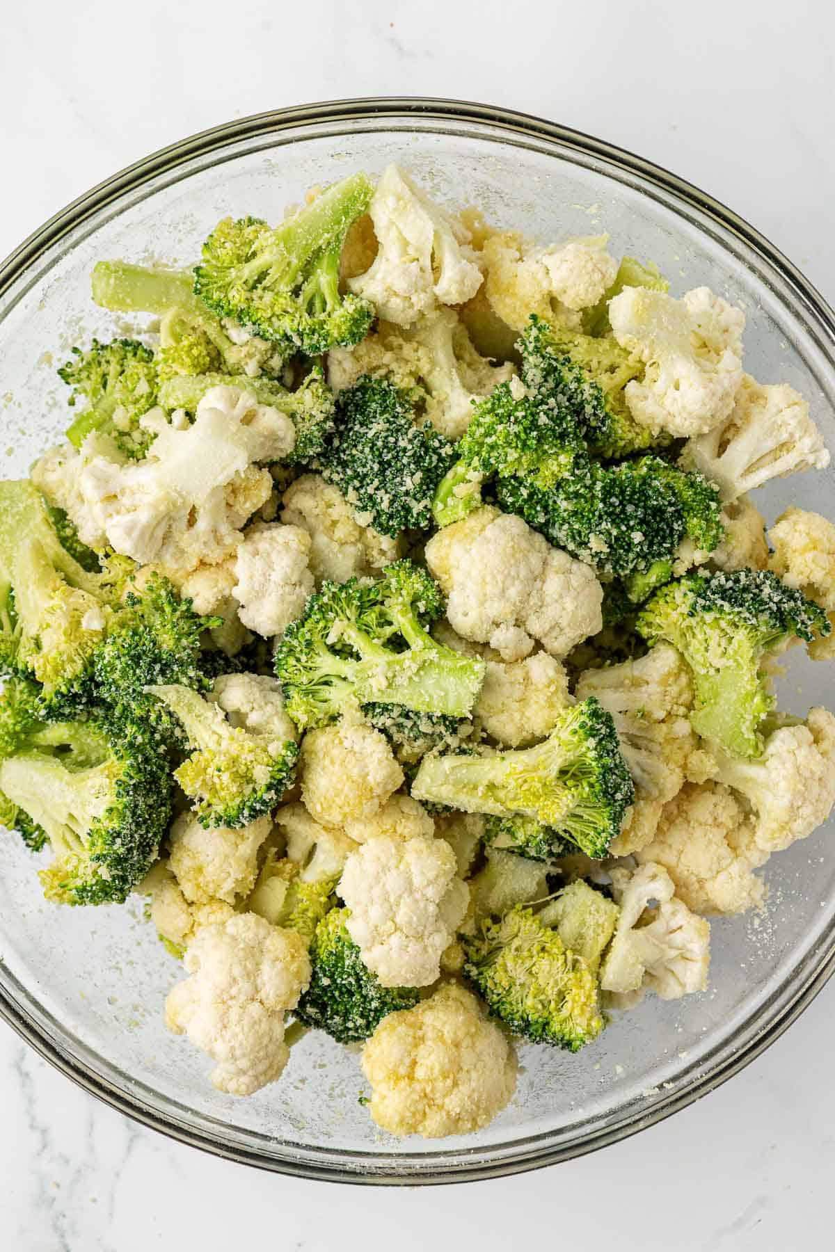 broccoli and cauliflower florets tossed with parmesan, garlic, and olive oil