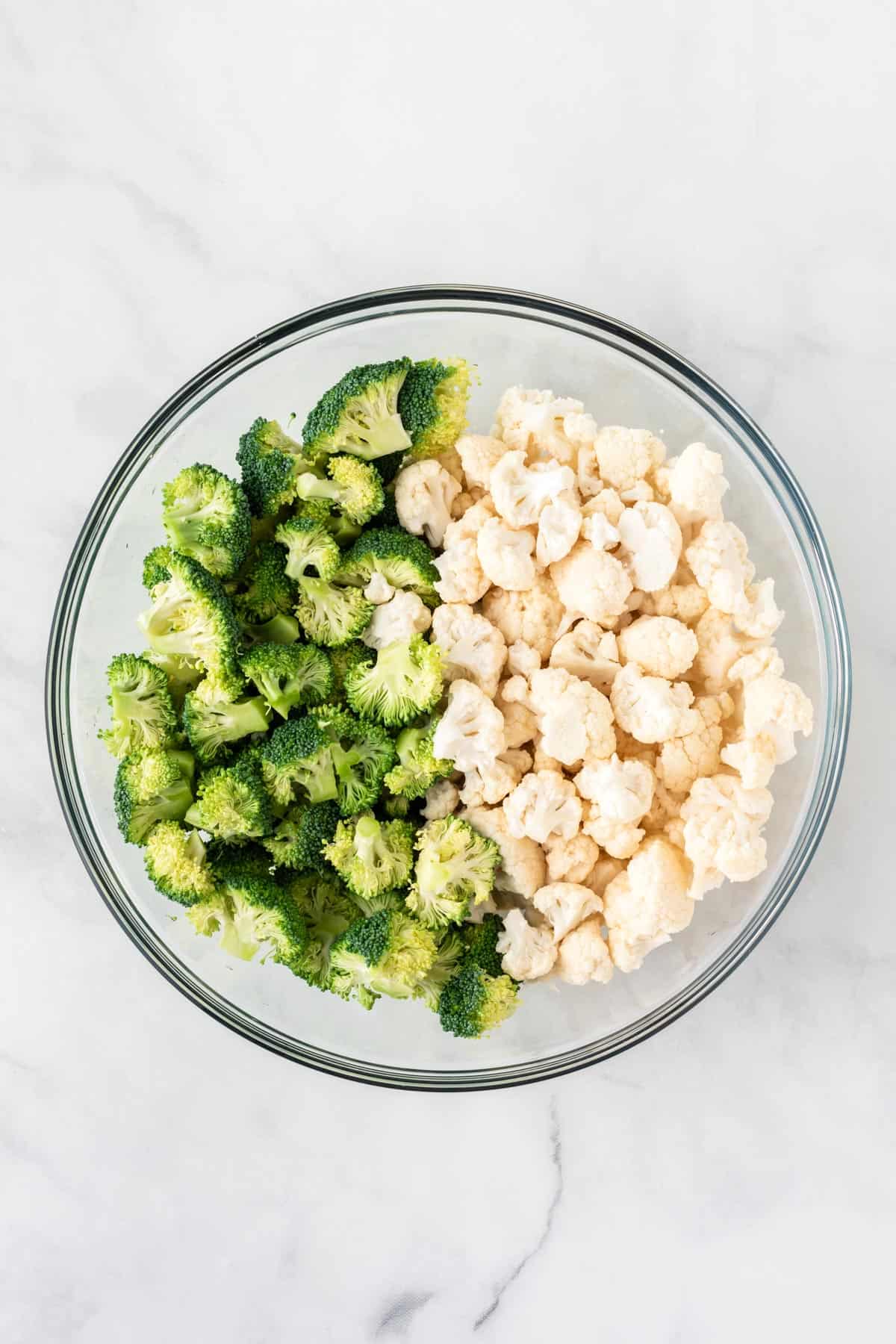 broccoli and cauliflower florets in a bowl