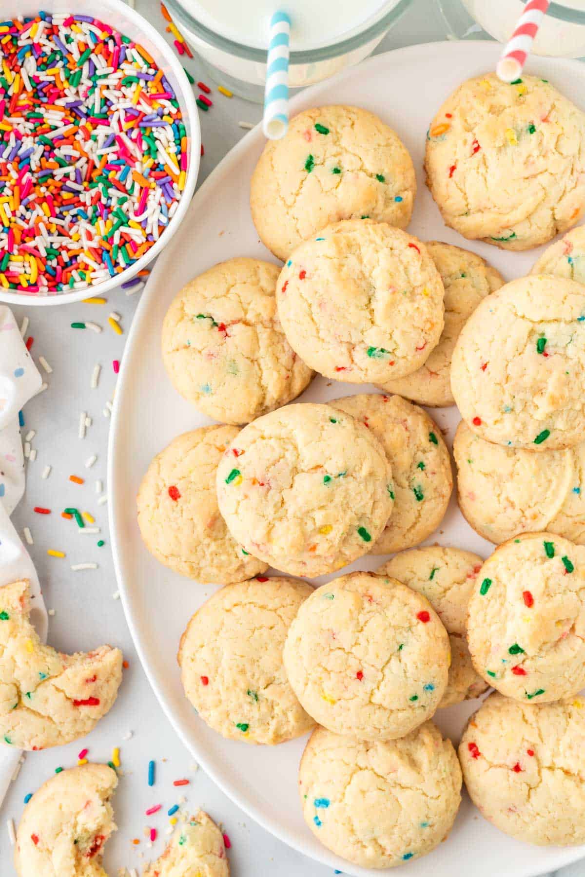 funfetti cookies on a white platter