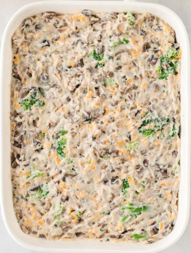 broccoli casserole spread out in a baking dish