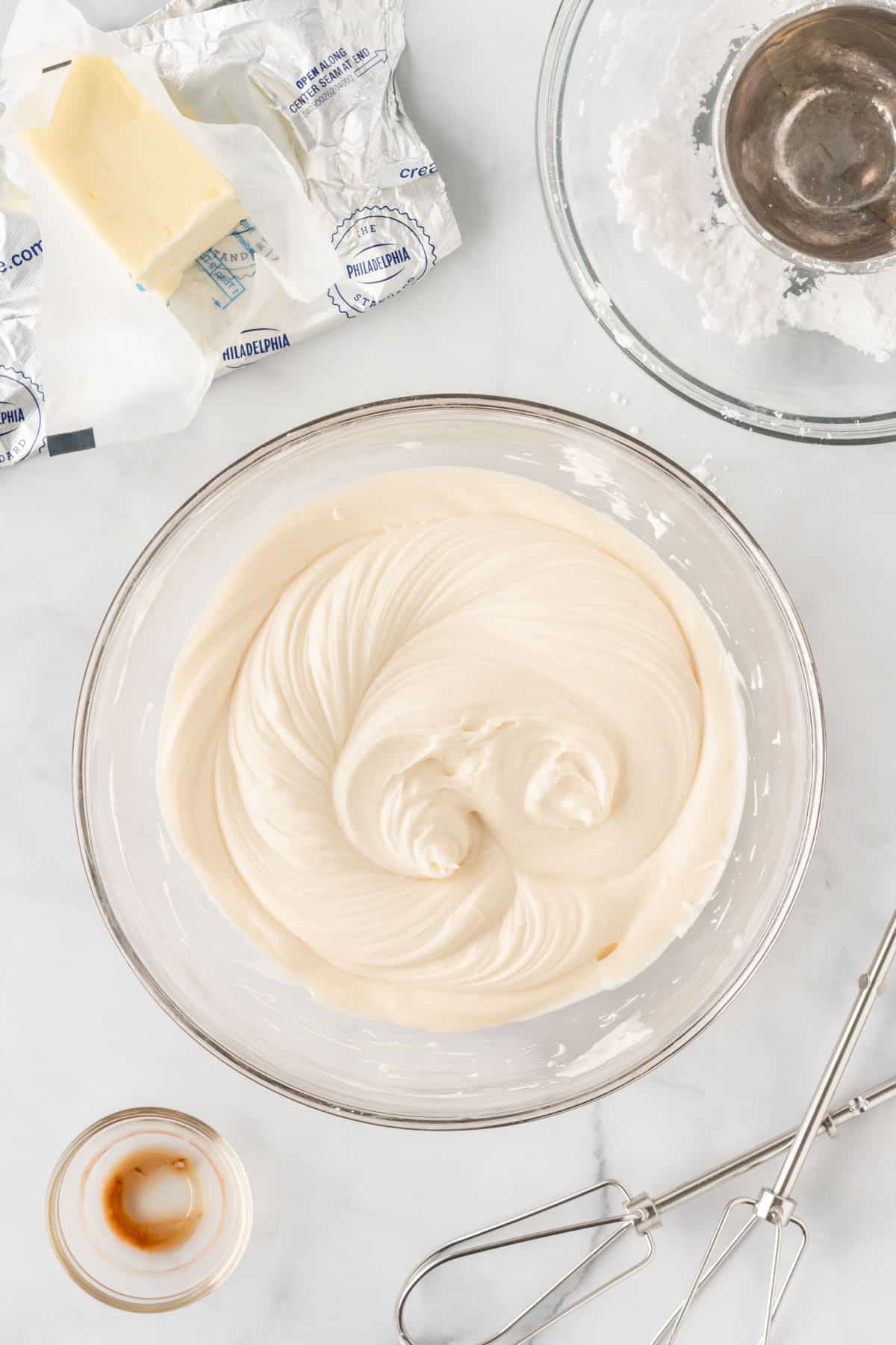 cream cheese frosting in a bowl