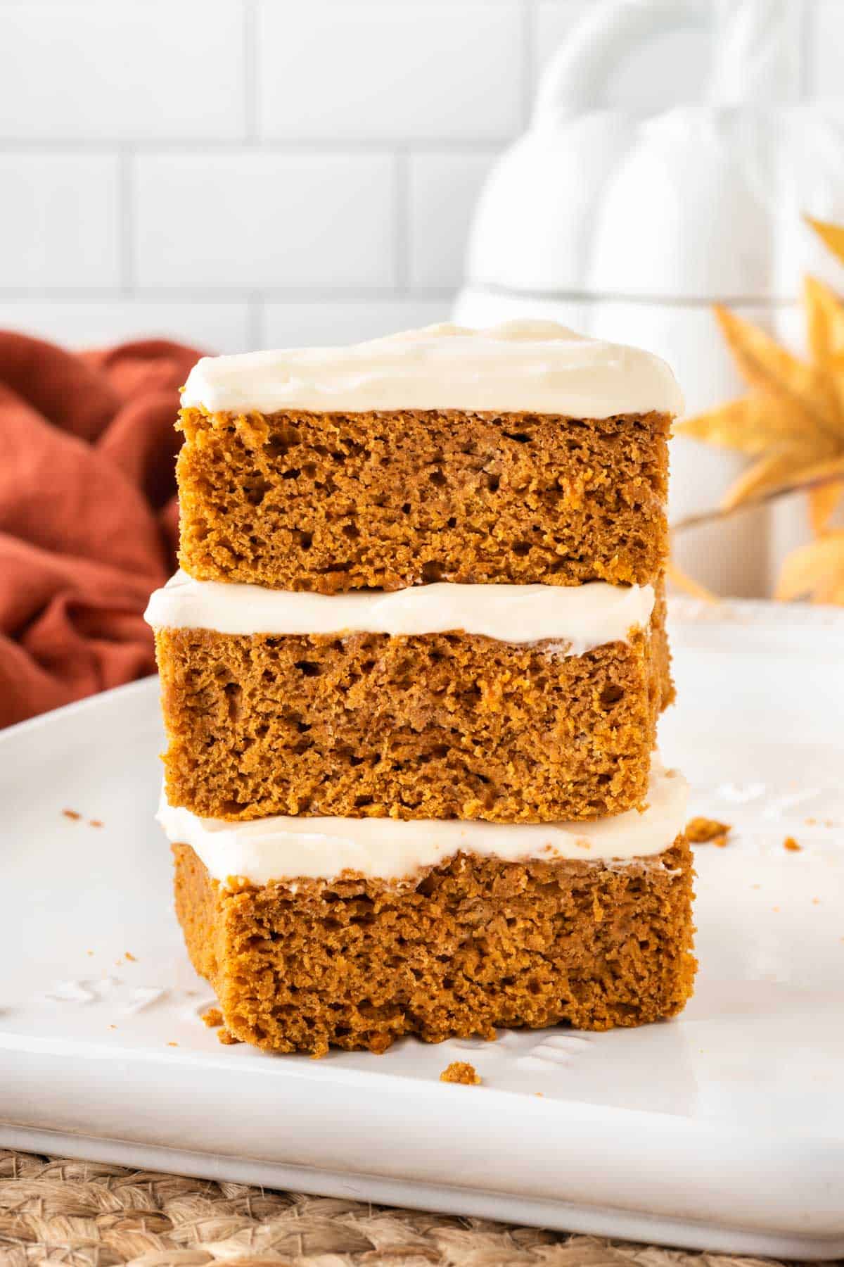 three cake mix pumpkin bars stacked