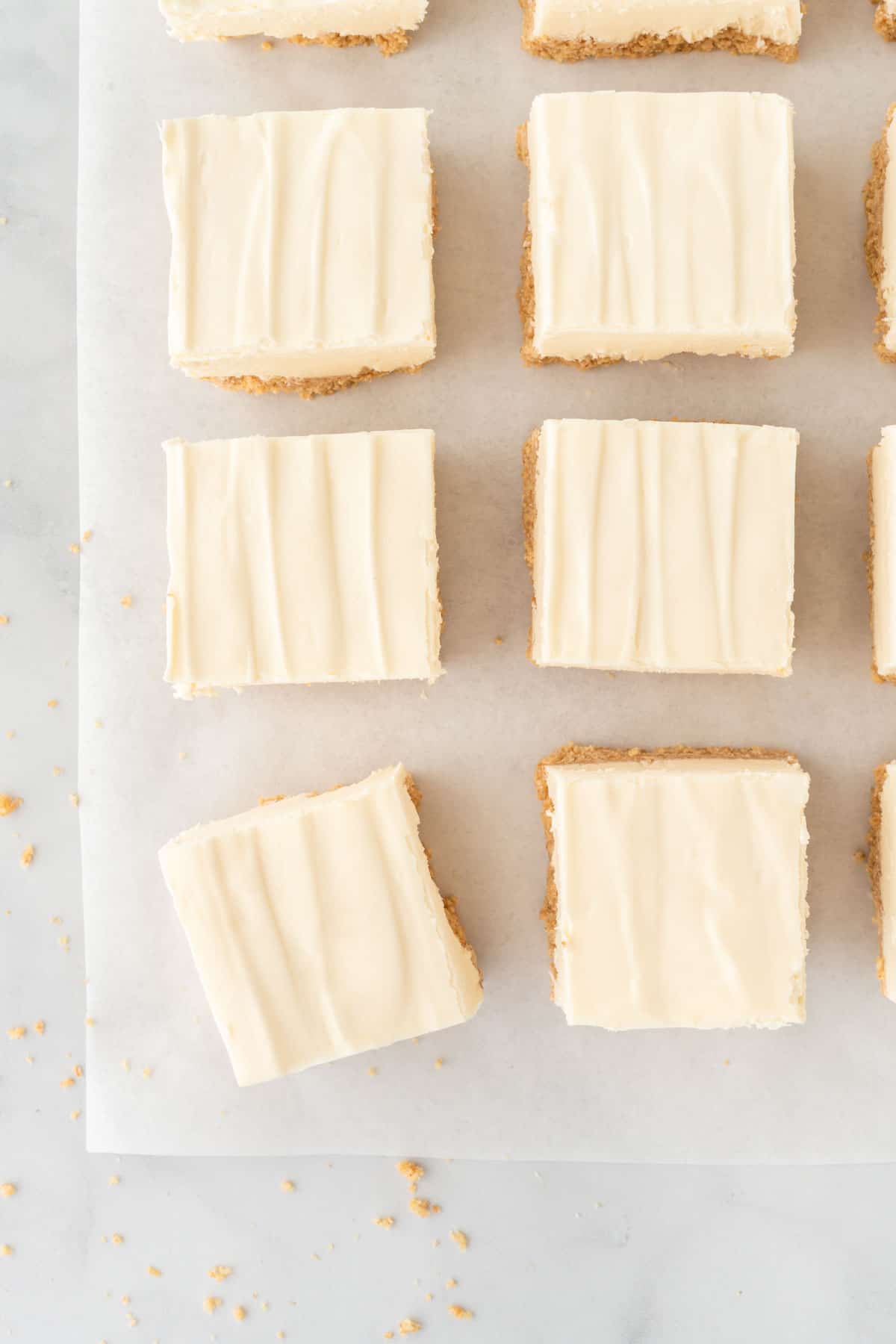 no bake cheesecake bars cut into squares