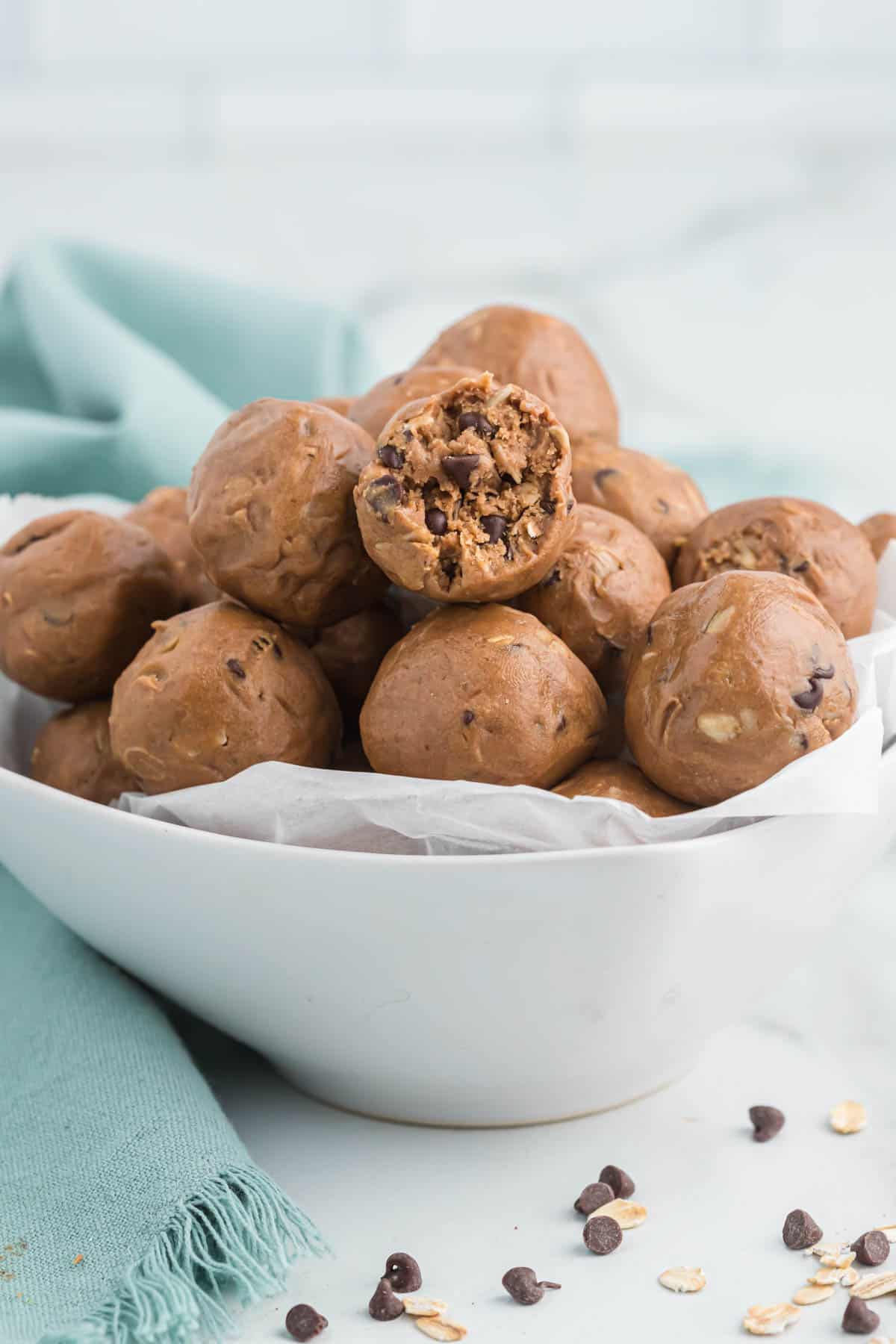 chocolate protein balls in a bowl