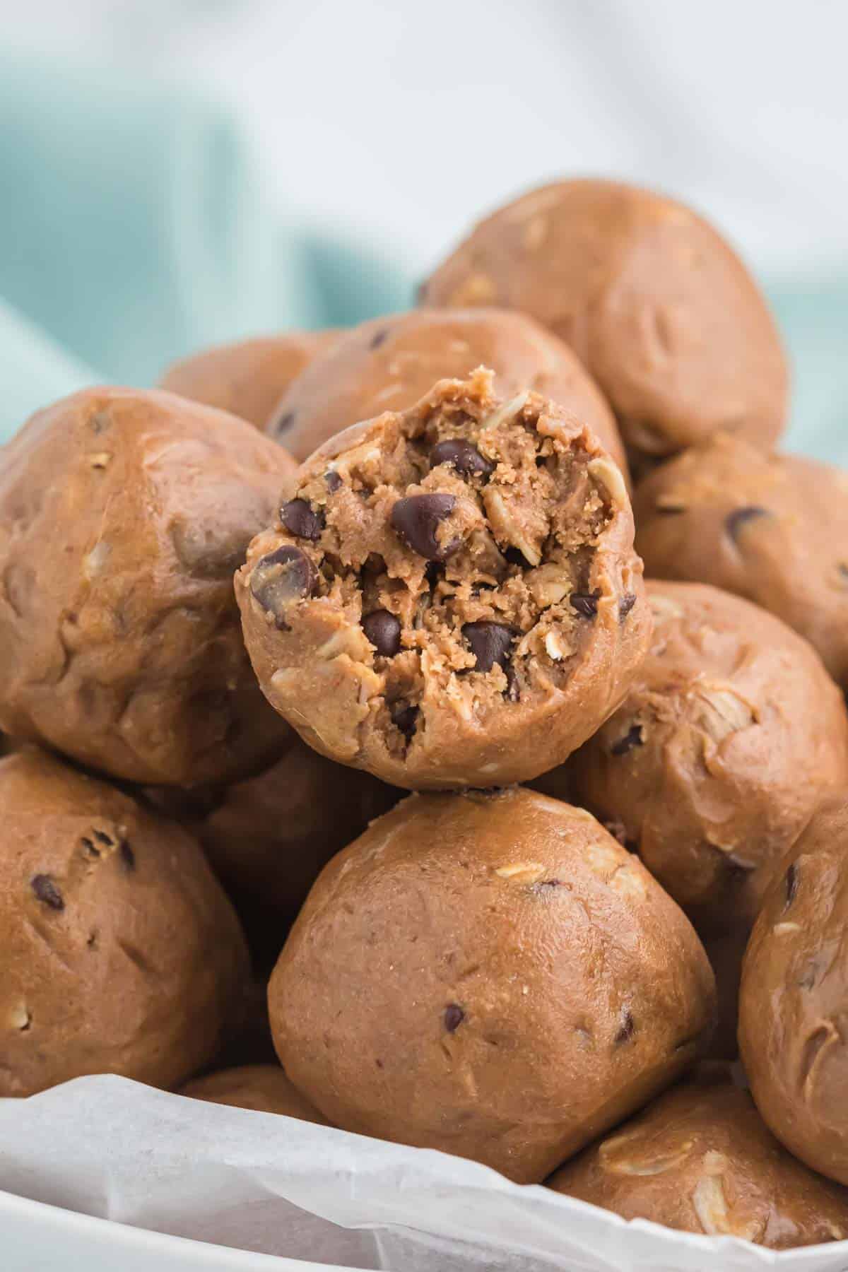 chocolate protein balls in a bowl