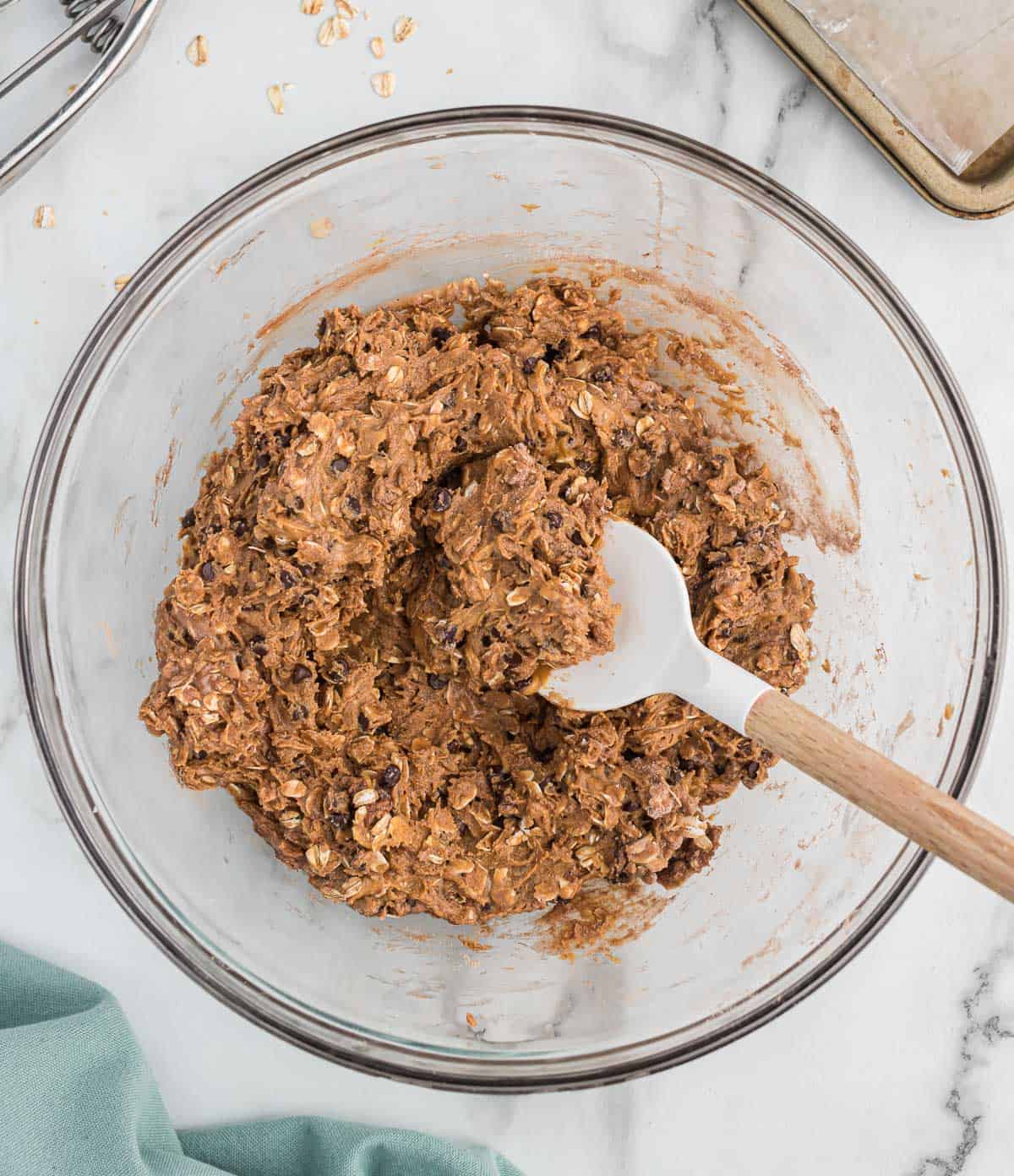 protein ball batter mixed together with a rubber spatula