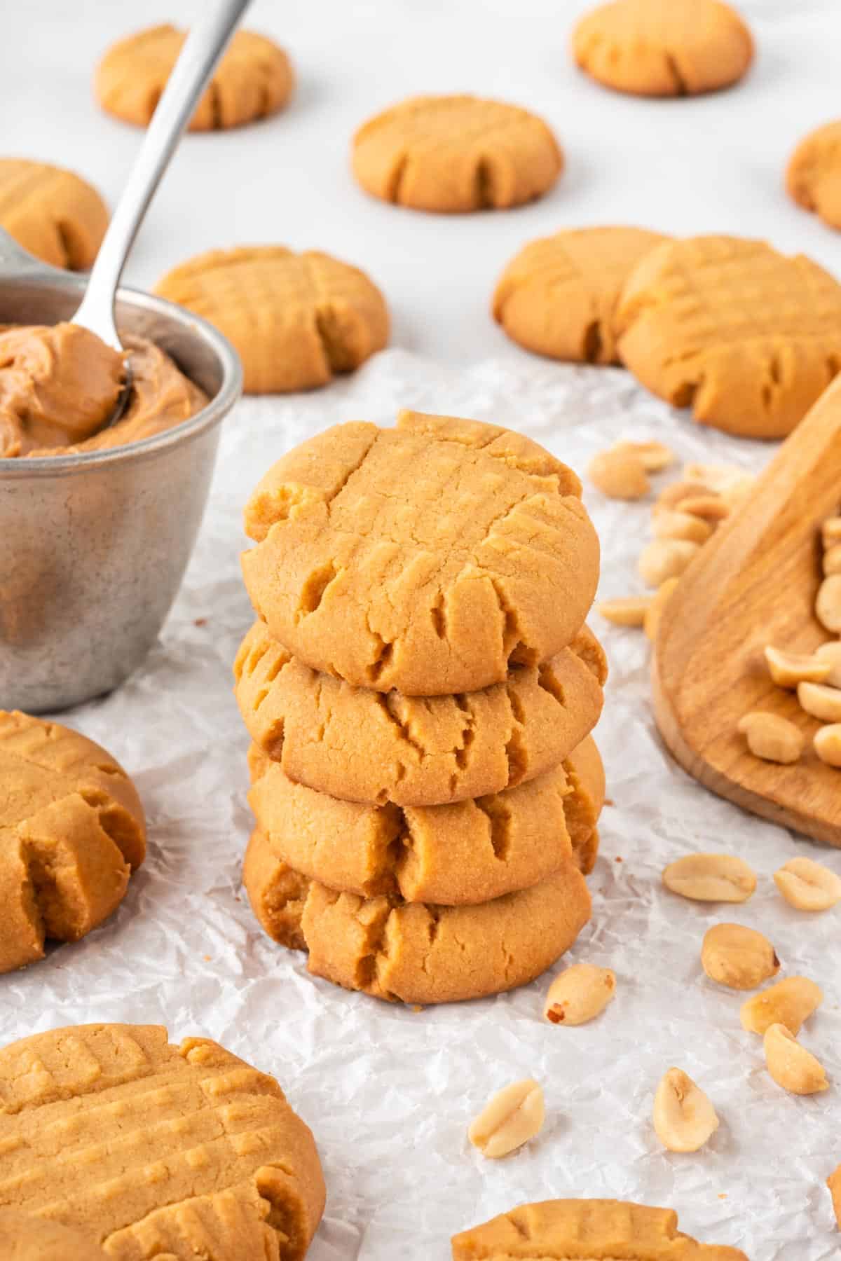 four cake mix peanut butter cookies stacked