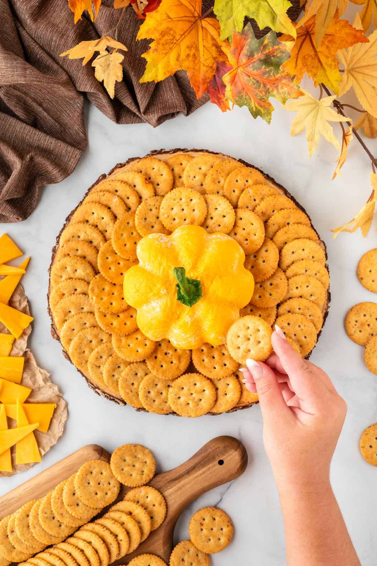 cheese ball platter with crackers for dipping