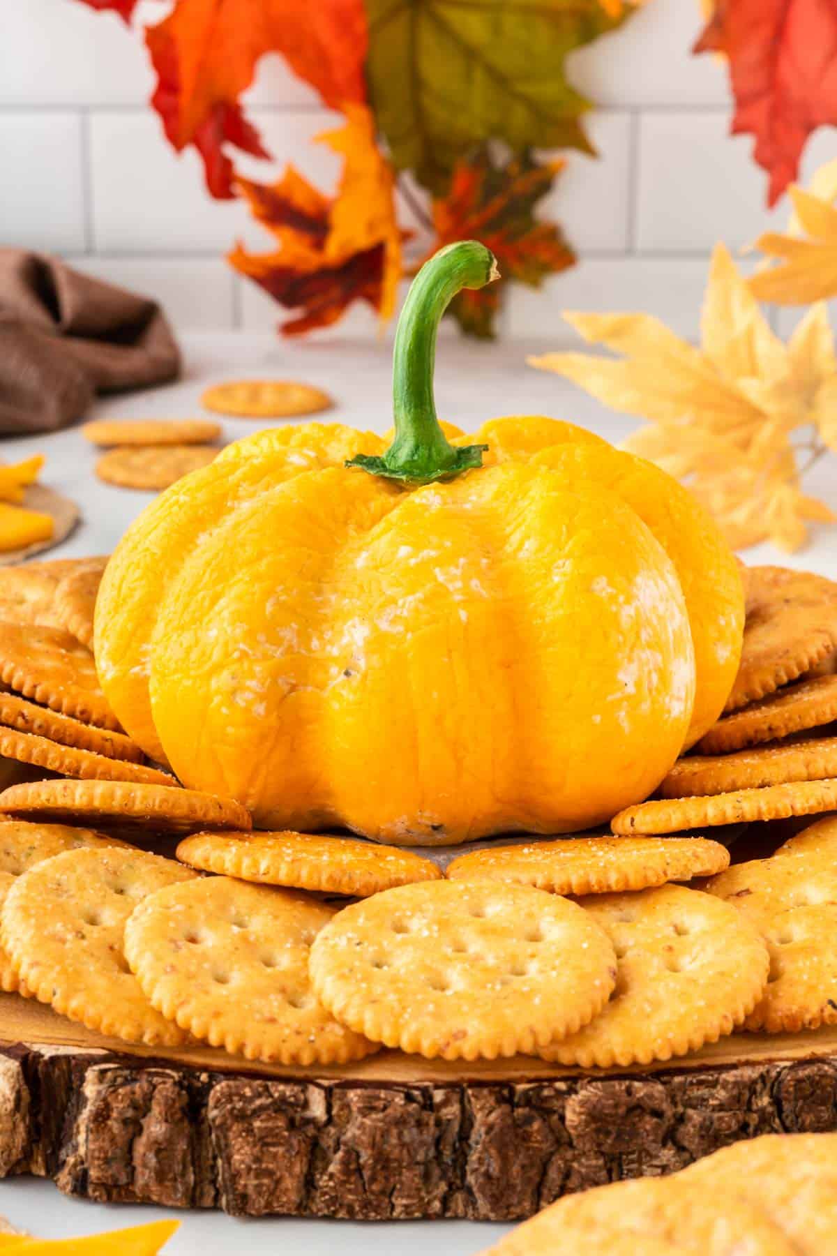 pumpkin shaped cheese ball surrounded by crackers for dipping