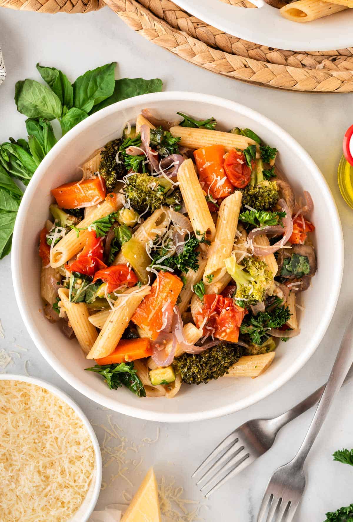 roasted vegetable pasta in a bowl