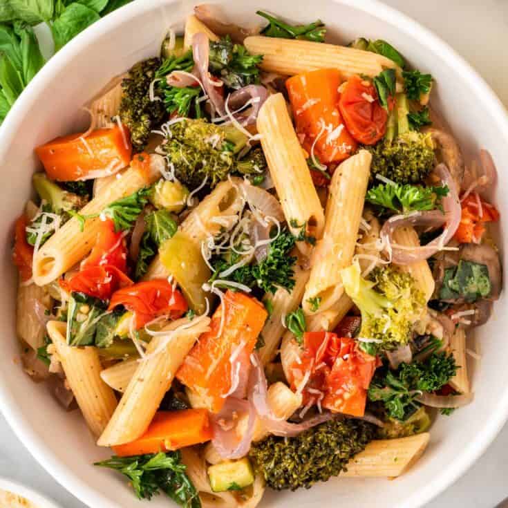 roasted vegetable pasta in a bowl