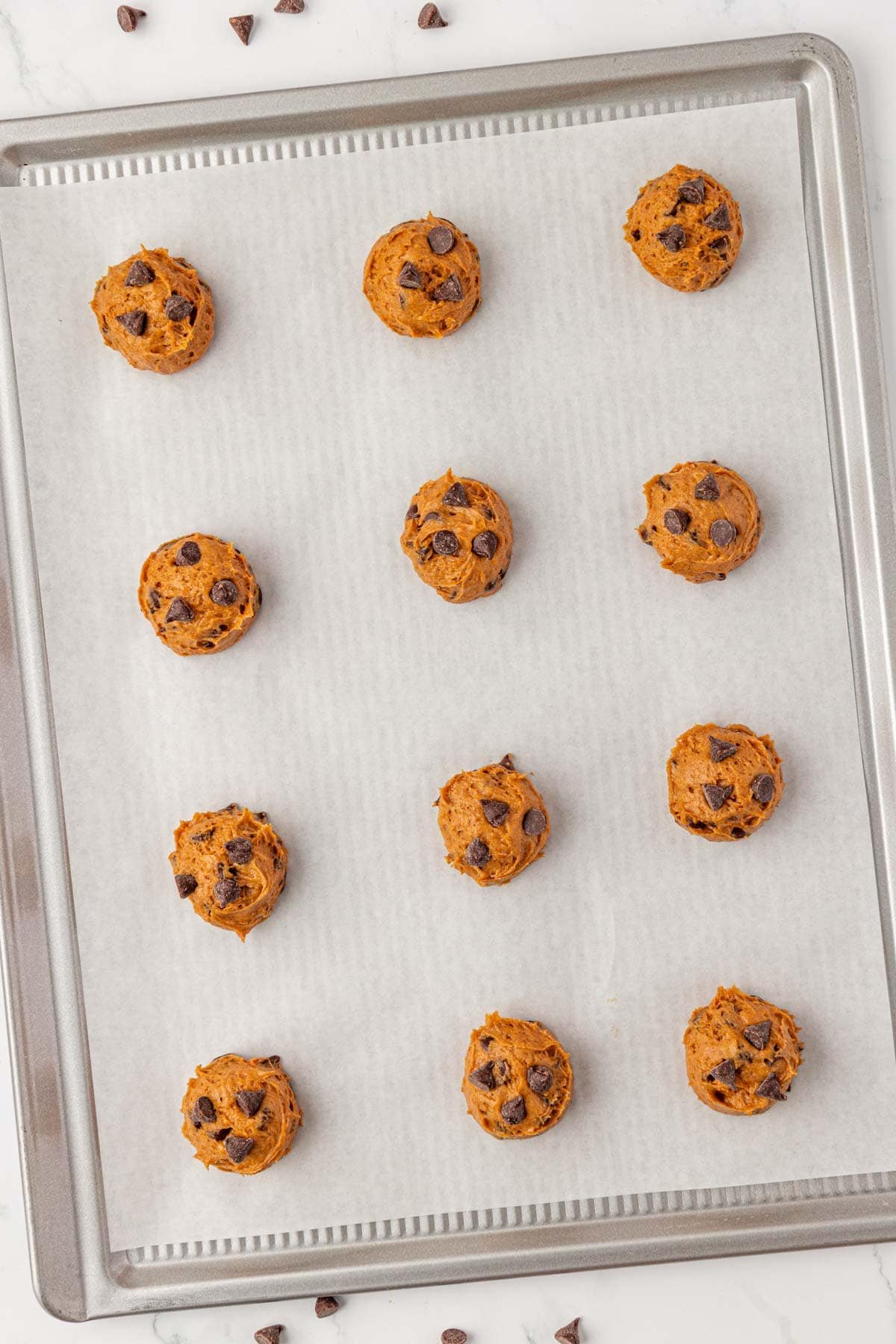cake mix pumpkin cookie dough on a baking sheet