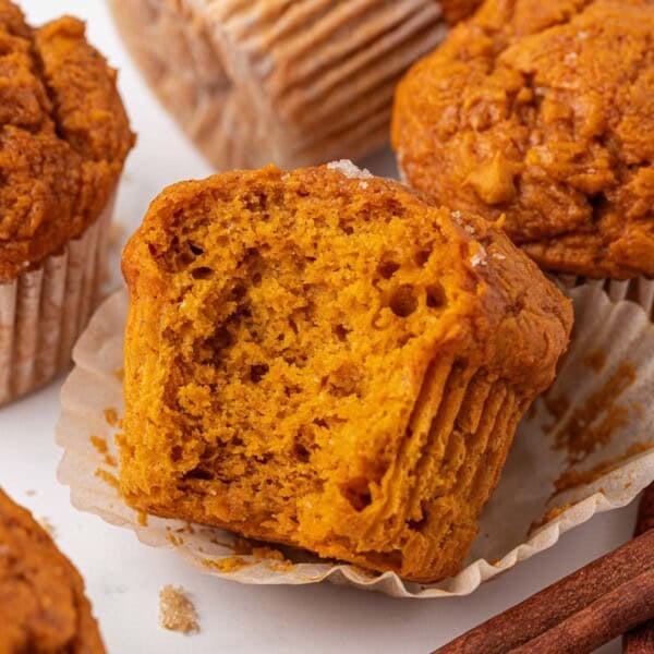 cake mix pumpkin muffin with a bite taken out
