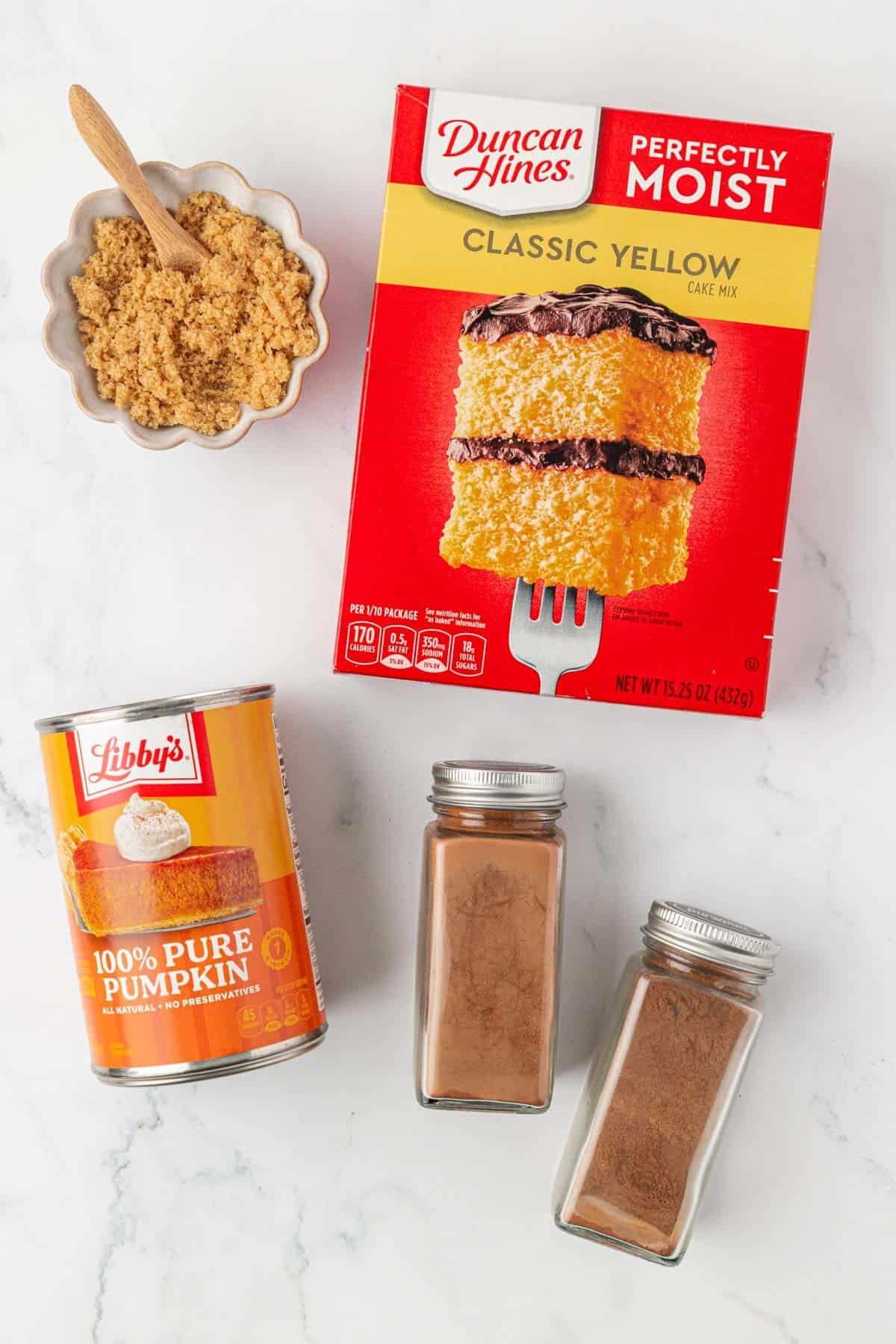 ingredients to make cake mix pumpkin muffins