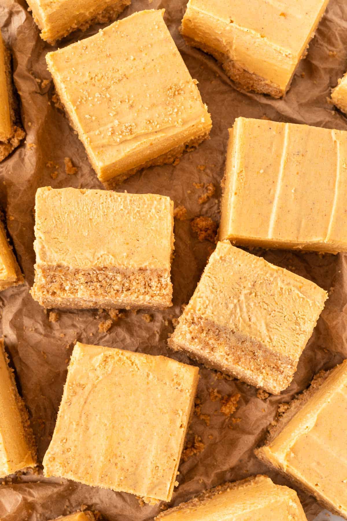 pumpkin cheesecake bars cut into squares