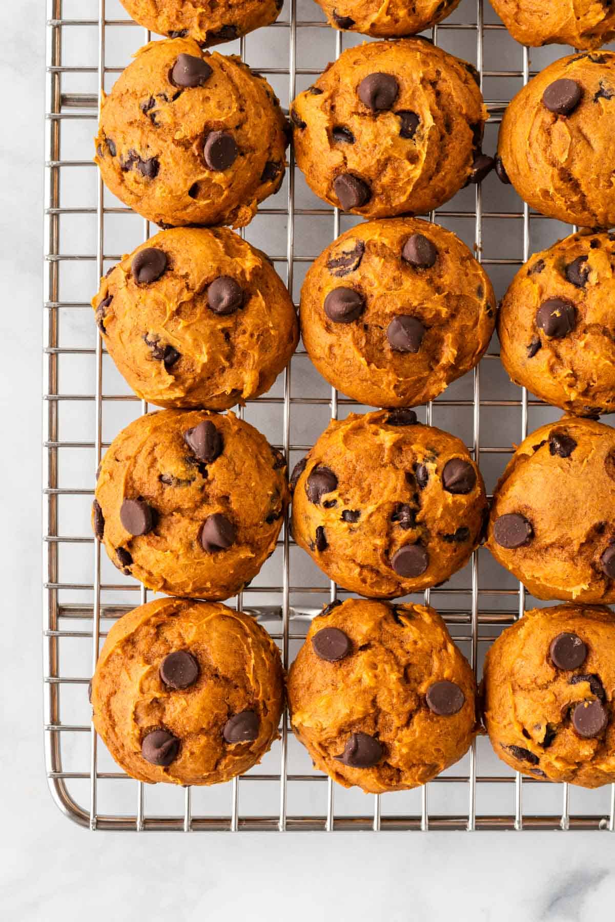 cake mix pumpkin chocolate chip cookies on a wire cooling rack